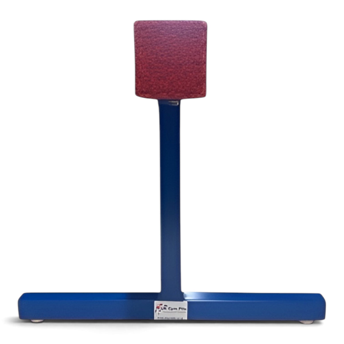 UK Gym Pits raised training beam with a red carpeted surface and blue powder coated steel legs for gymnastics