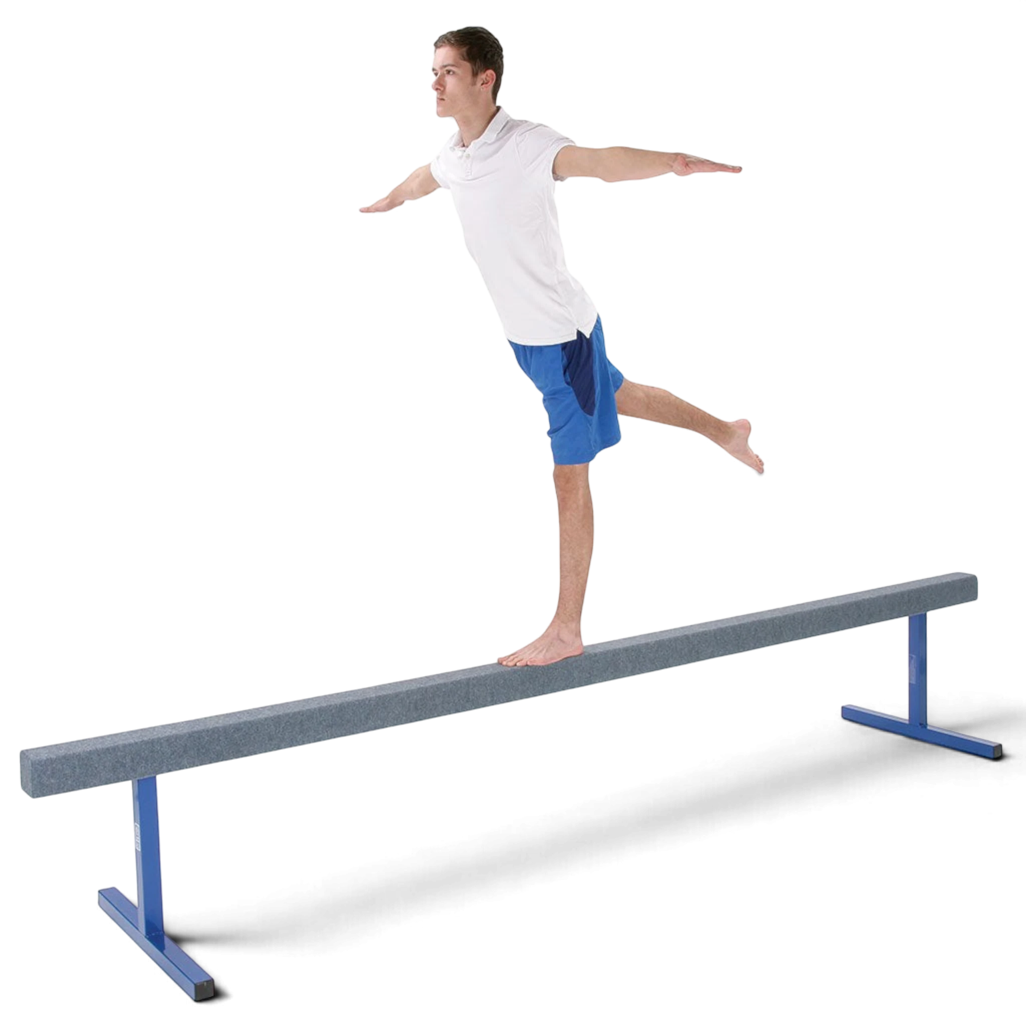 UK Gym Pits raised training beam with carpeted surface and blue steel legs, used by a gymnast for balance practice.