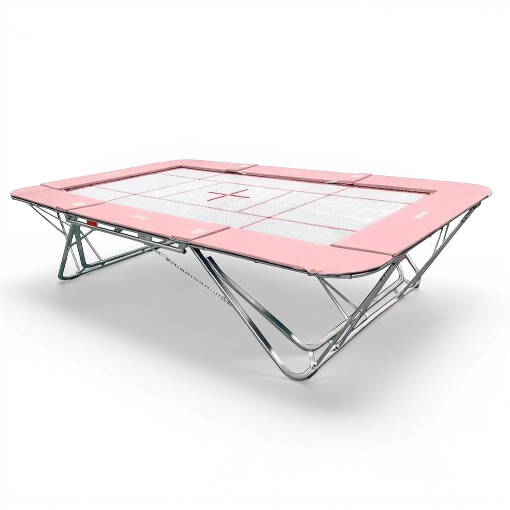 UK Gym Pits professional rebound trampoline with a white super-mesh bed and pink protective frame pads.