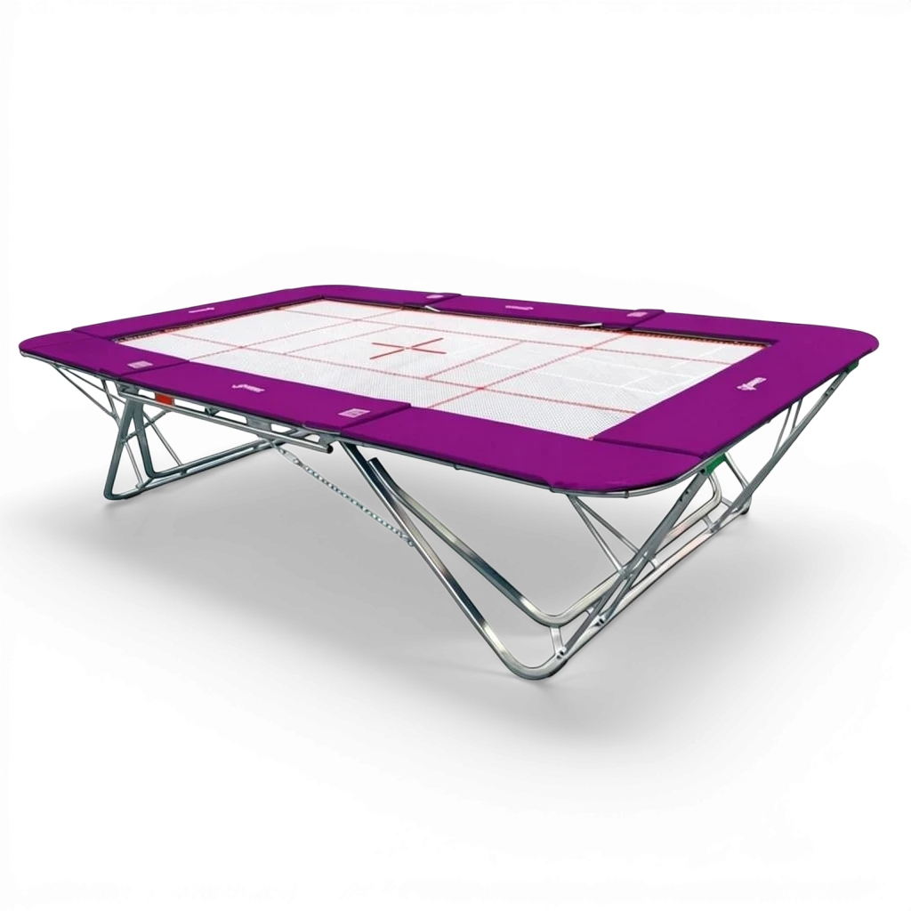 UK Gym Pits rebound trampoline with a white super-mesh bed and purple protective frame pads on a steel frame.