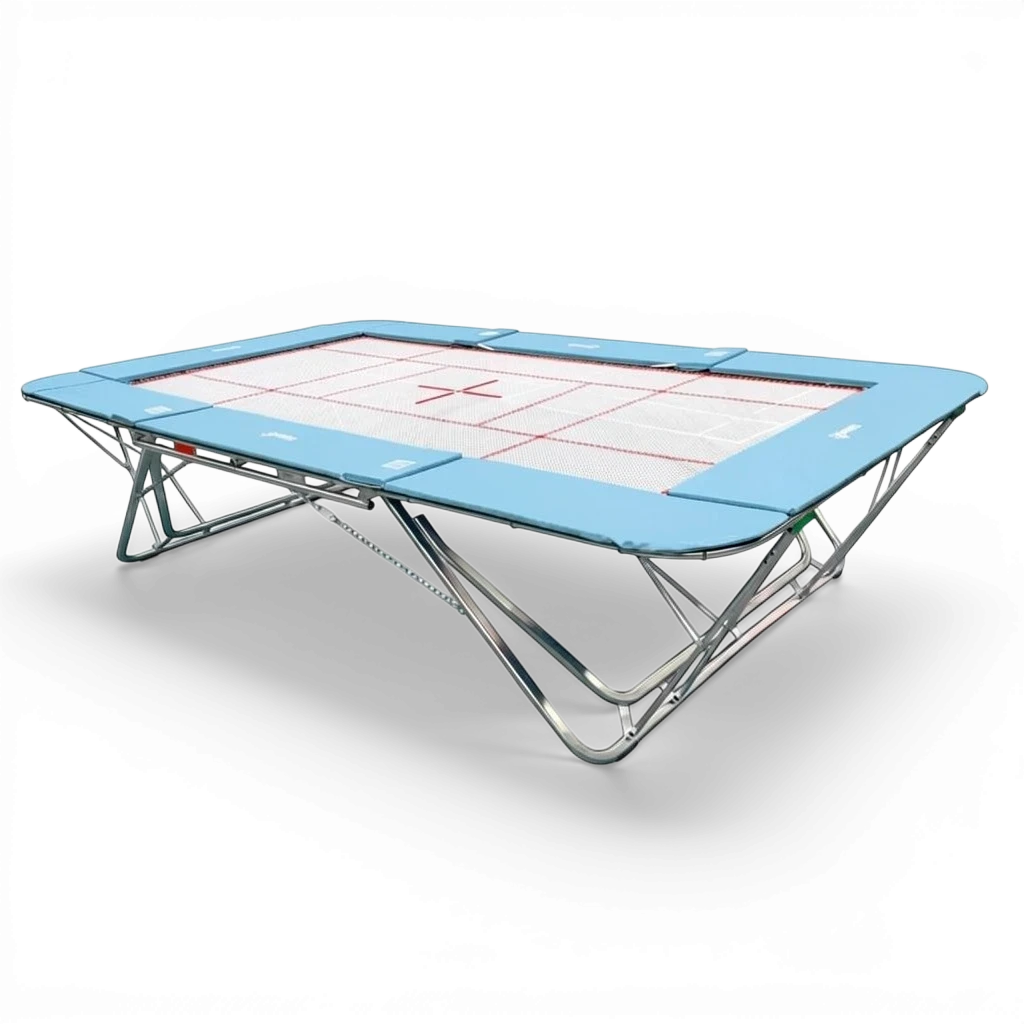 UK Gym Pits professional rebound trampoline with a white super-mesh bed and light blue protective frame pads.