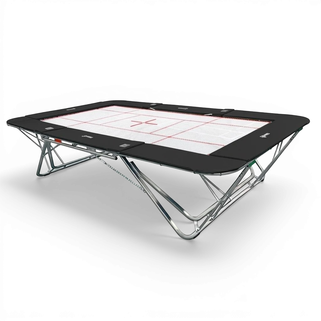 UK Gym Pits professional rebound trampoline with a white super-mesh bed and black protective frame pads
