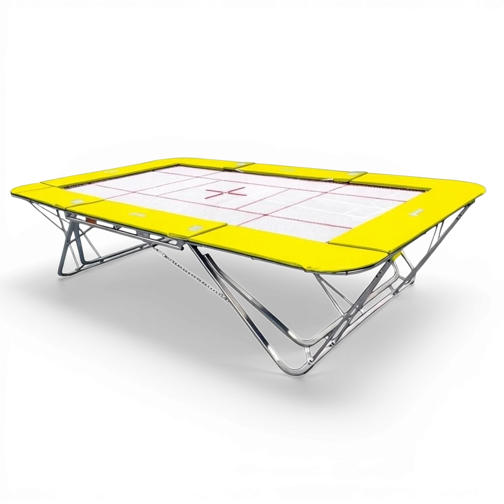 UK Gym Pits professional rebound trampoline with a white super-mesh bed and bright yellow safety frame pads.