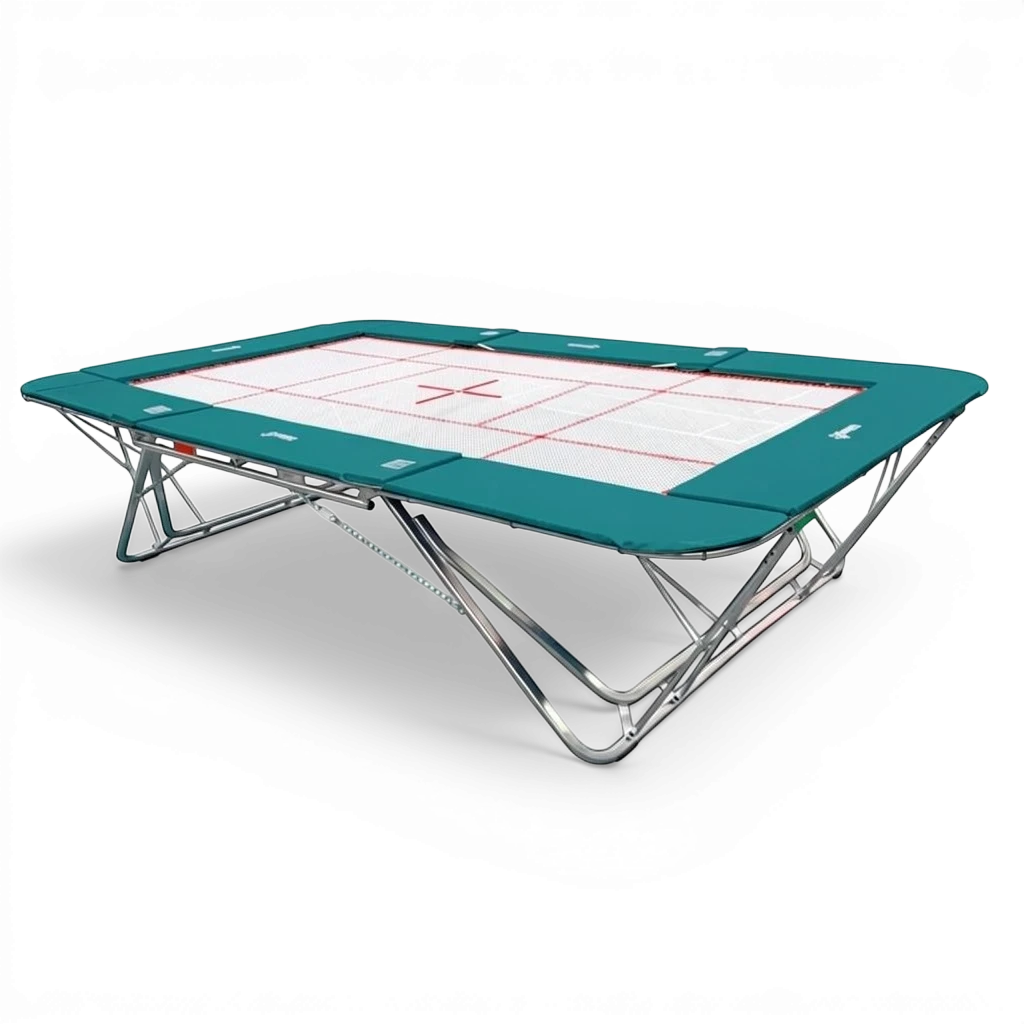 UK Gym Pits professional rebound trampoline with a white super-mesh bed and teal protective frame padding.
