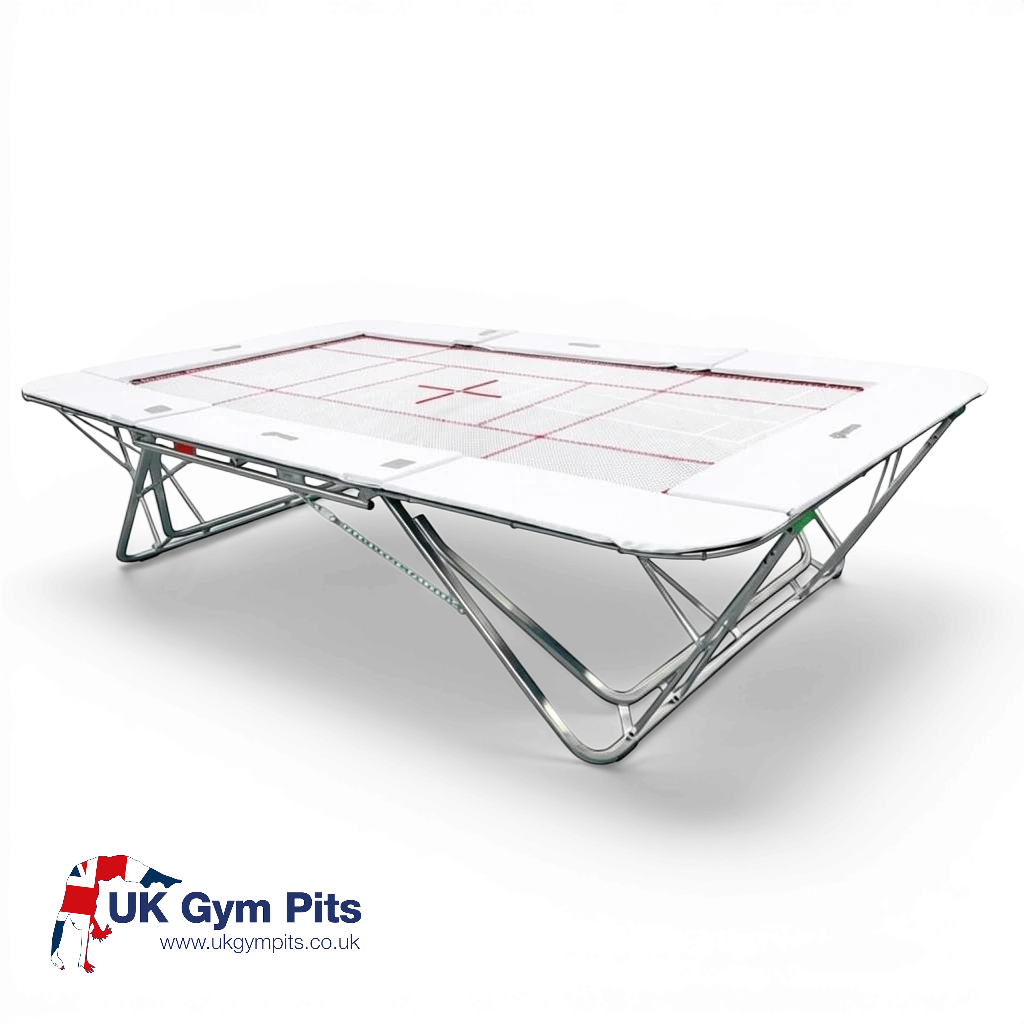 UK Gym Pits professional rebound trampoline with a white super-mesh bed and high tensile steel frame