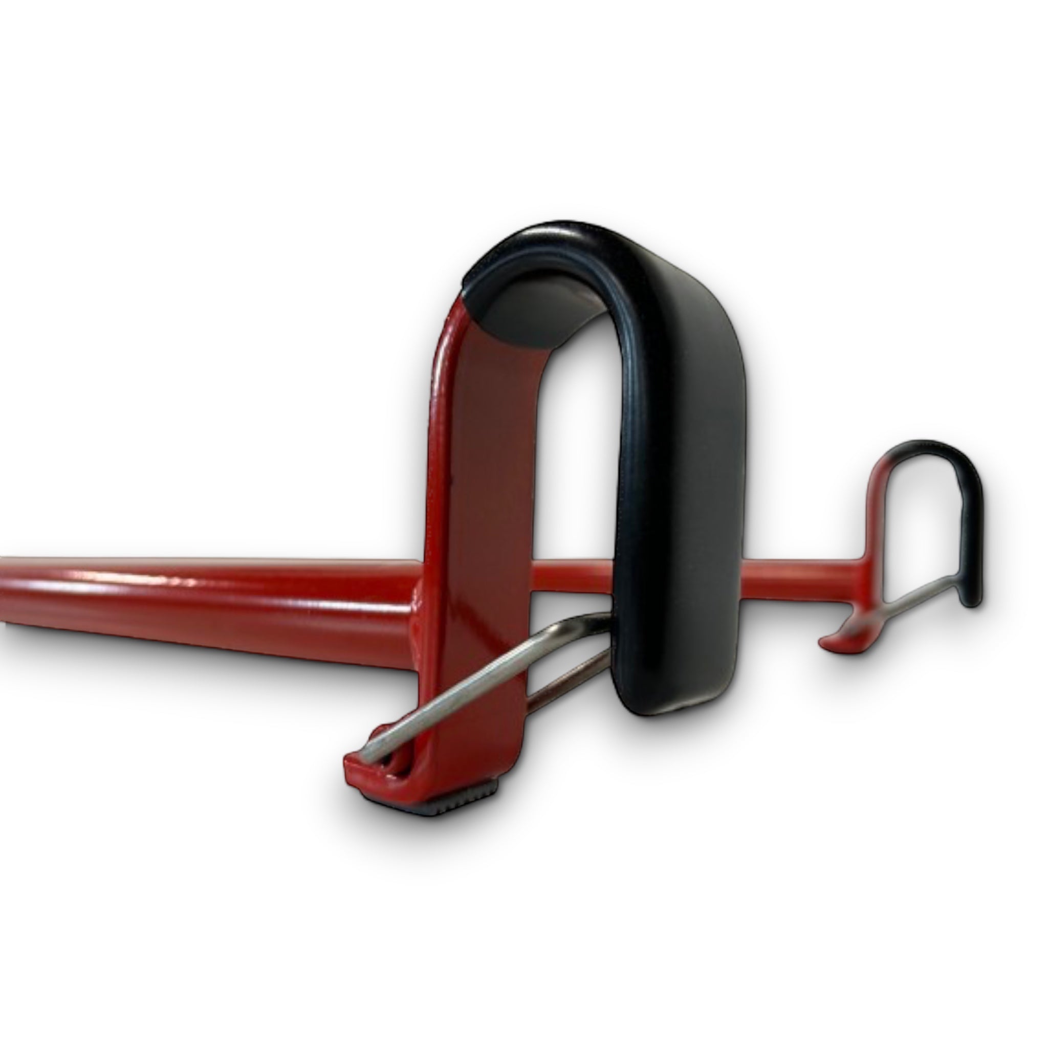 UK Gym Pits red powder-coated agility linking ladder with black safety clips on hooks for gym equipment attachment.