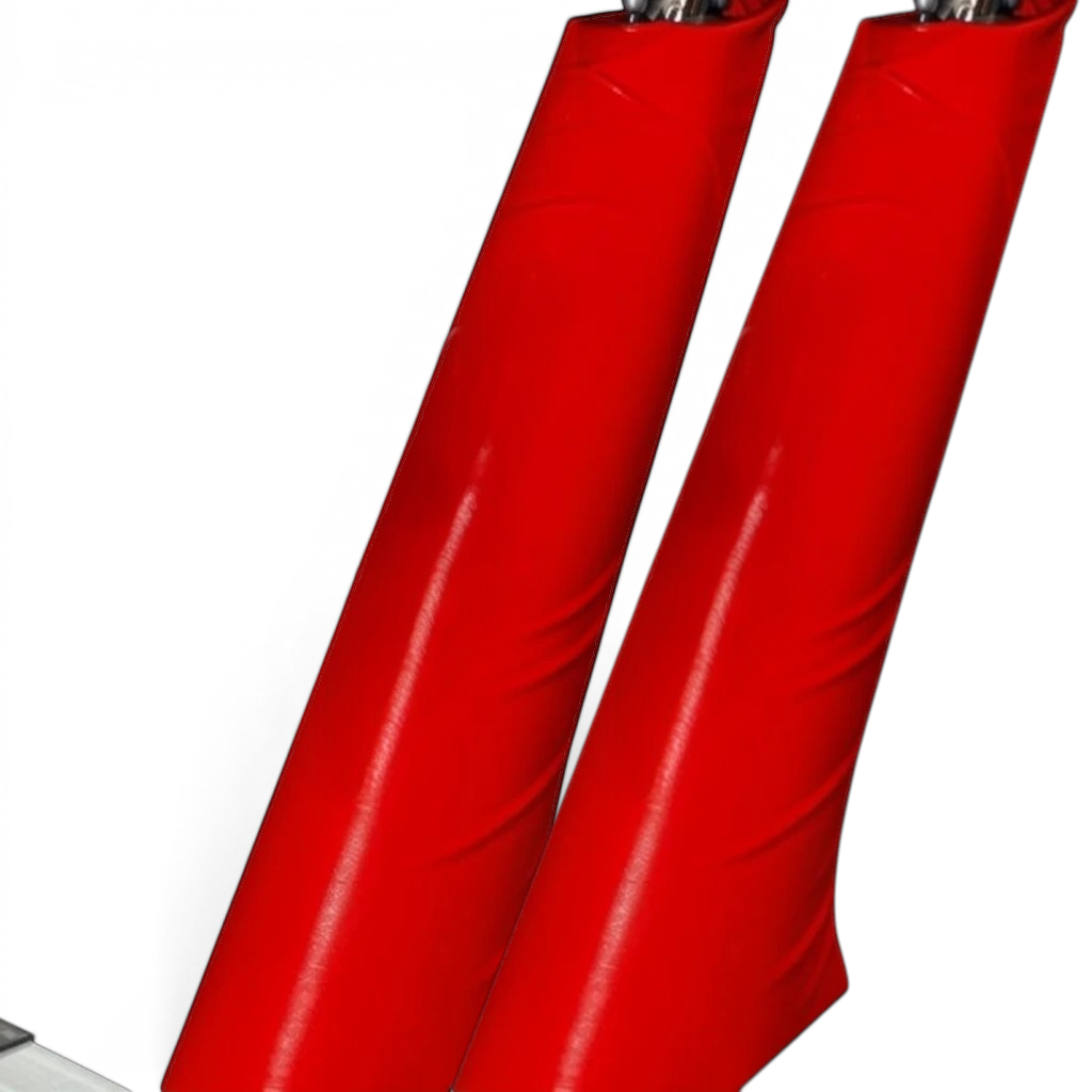 UK Gym Pits red PVC vinyl safety padding fitted around a gymnastics beam leg with Velcro closure