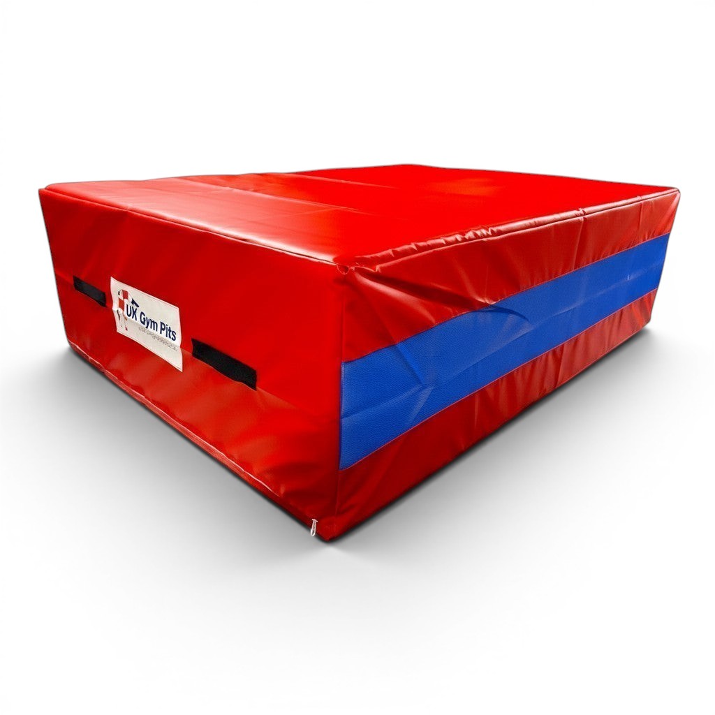 UK Gym Pits red and blue resi foam landing pit with heavy duty handles for gymnastics and parkour training
