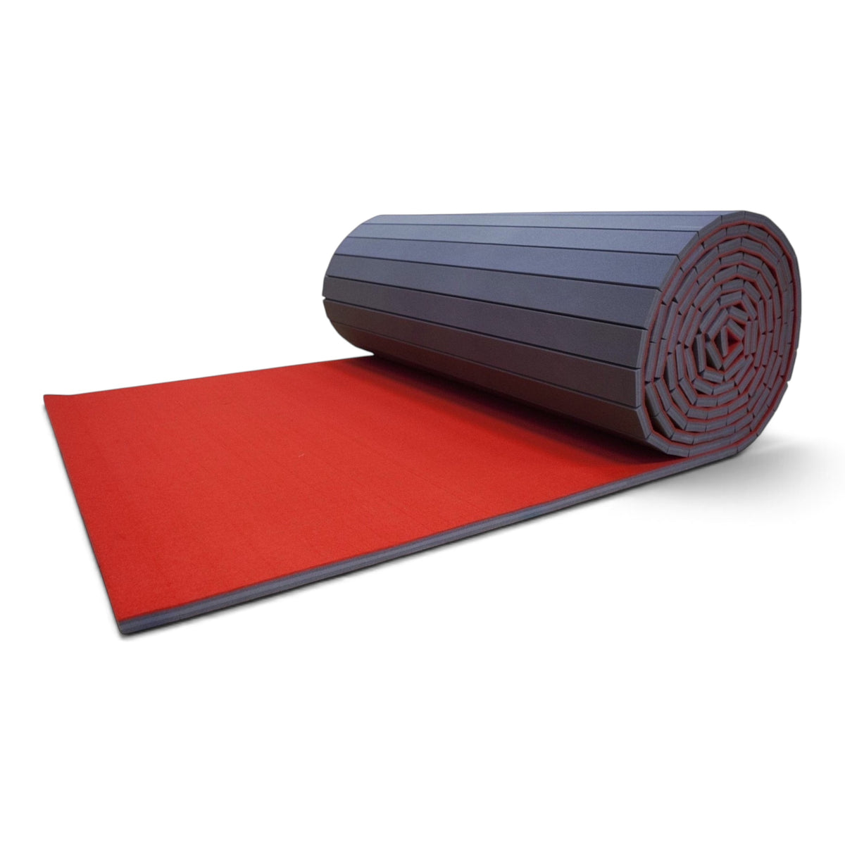 UK Gym Pits red carpet flexi mat roll with shock-absorbing XPE foam backing for gymnastics and cheerleading.