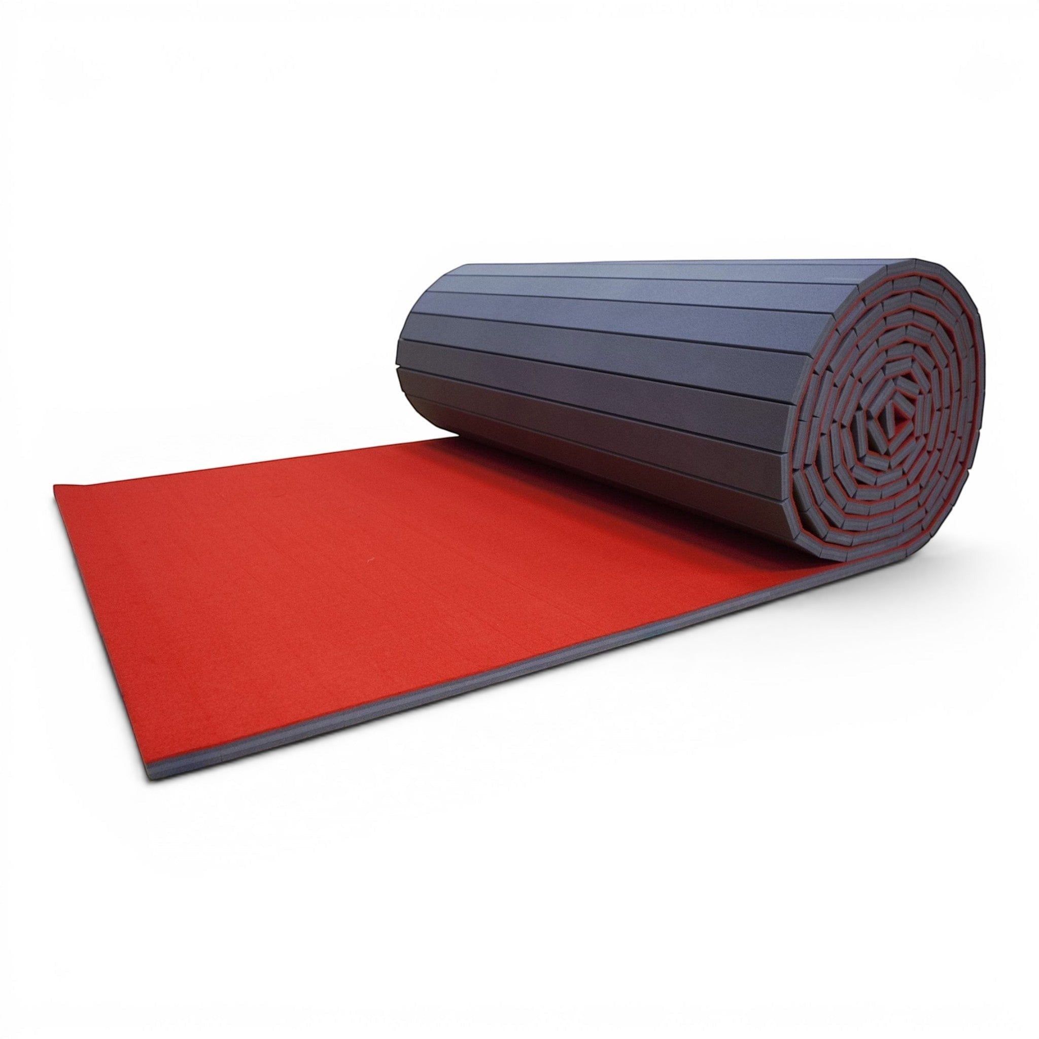 UK Gym Pits red carpeted flexi foam mat roll for gymnastics and cheerleading, shown partially unrolled.