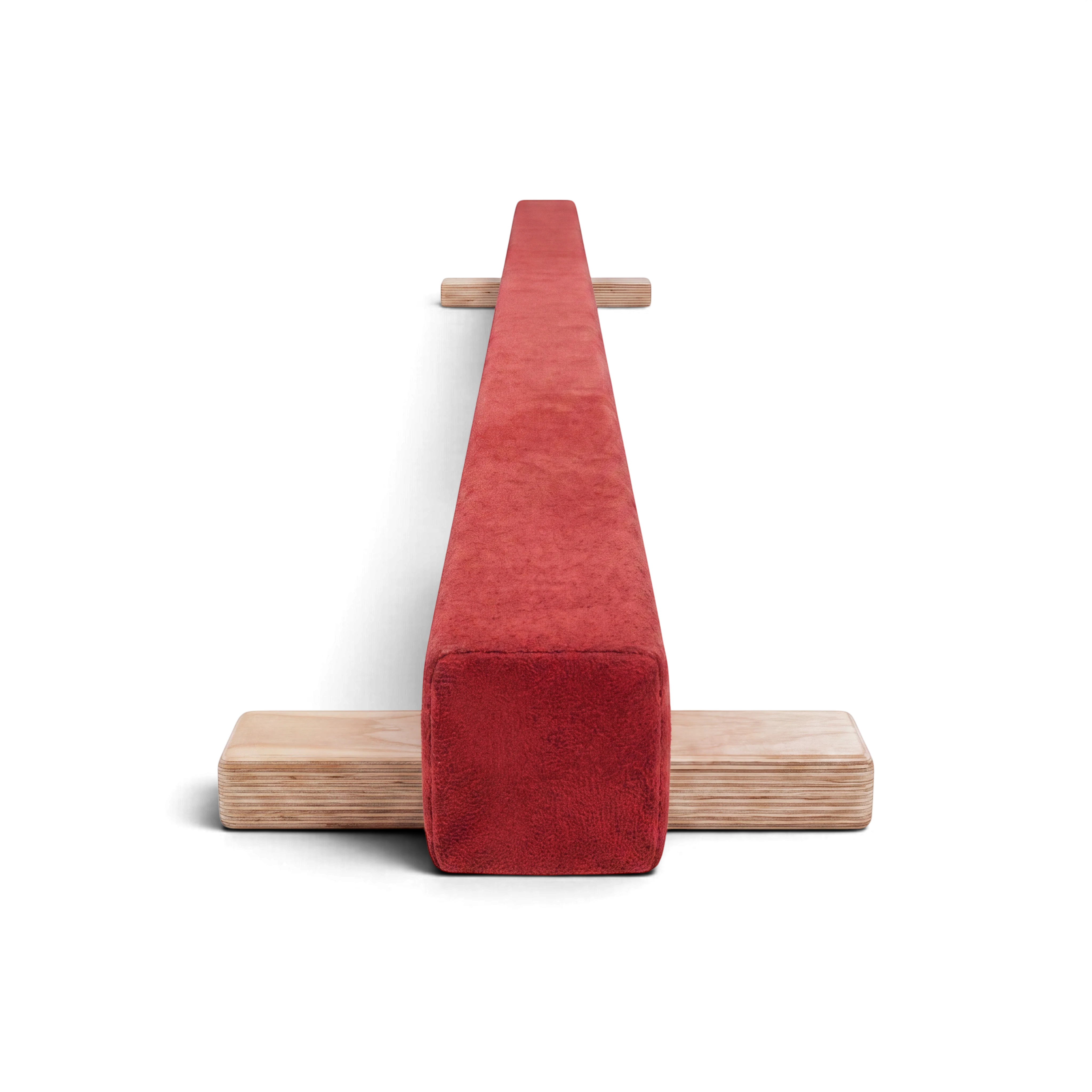 UK Gym Pits floor training balance beam in red carpeted timber with wooden support legs on a black background