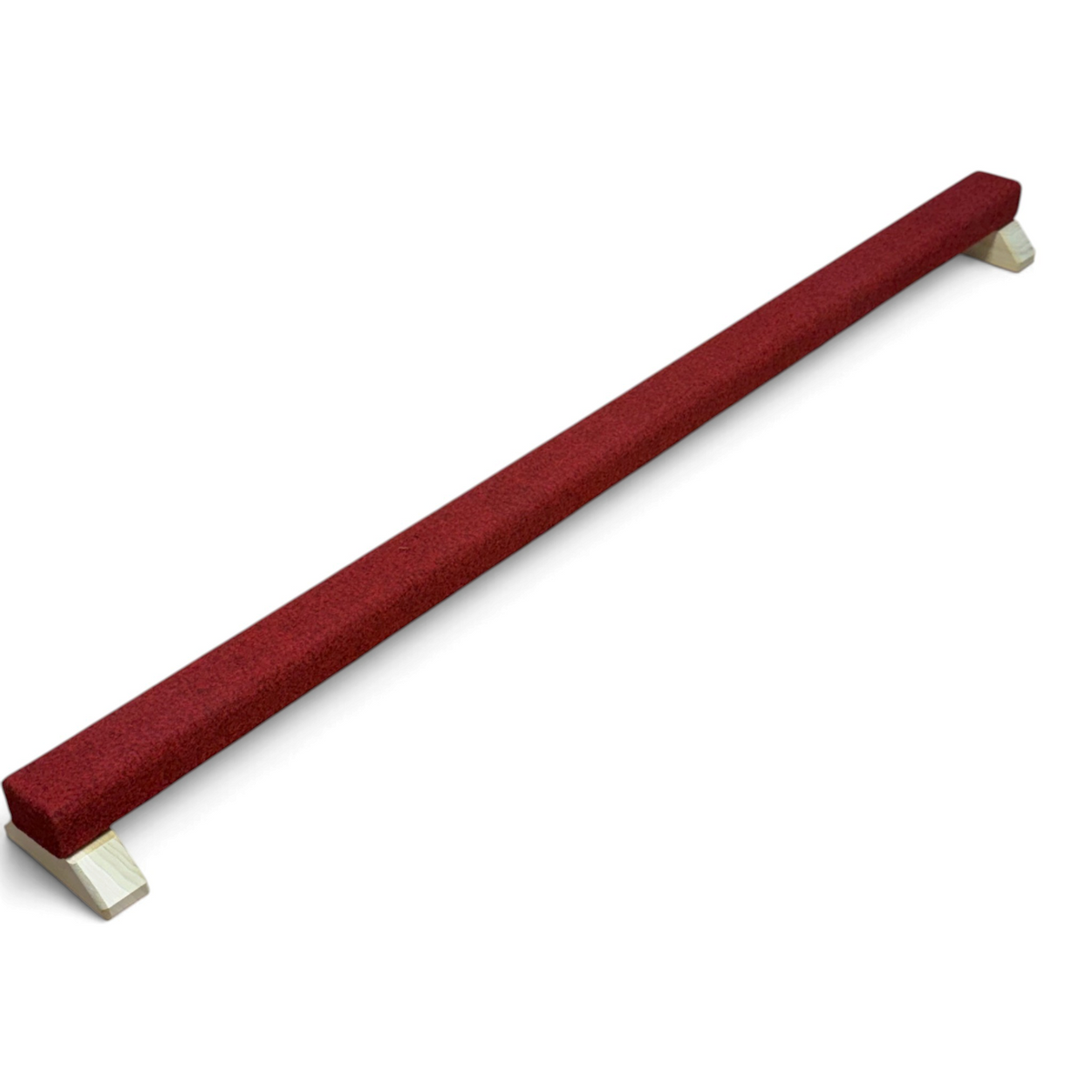 UK Gym Pits junior balance beam with a red carpeted finish and natural timber support legs for gymnastics training.