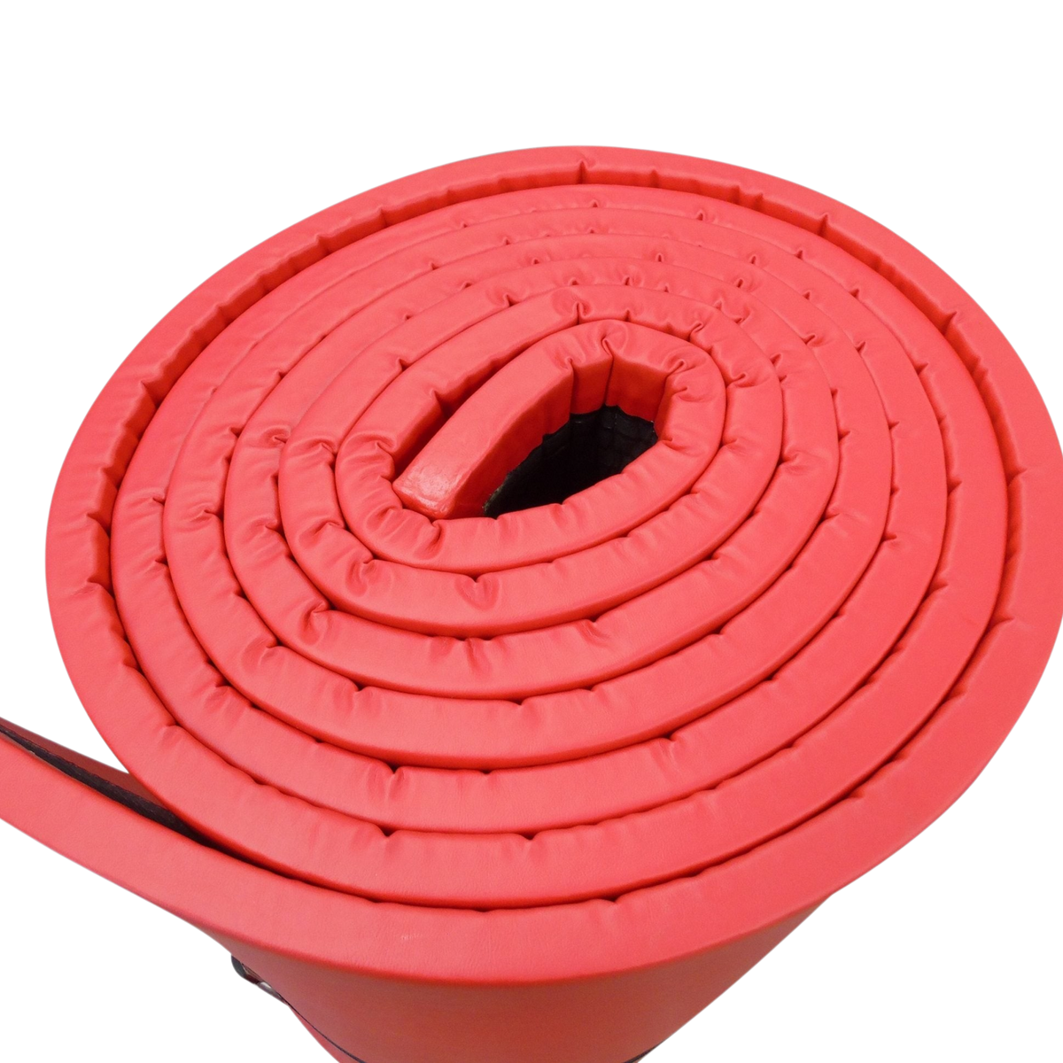UK Gym Pits red chipfoam medium-weight stretch mat rolled up for storage with a durable PVC cover.