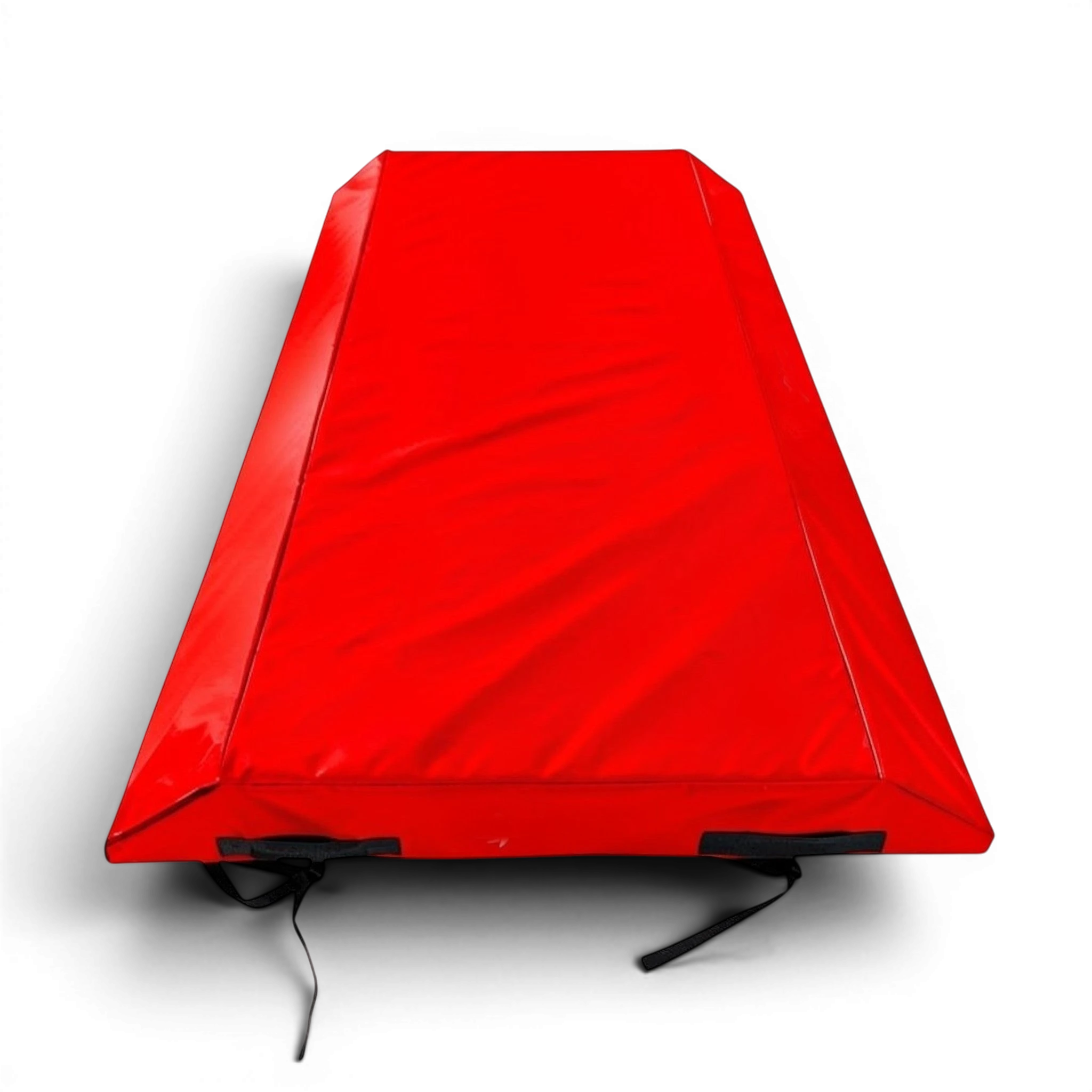UK Gym Pits red double wedge trampoline spotting end deck mat with safety handles and secure webbing straps.