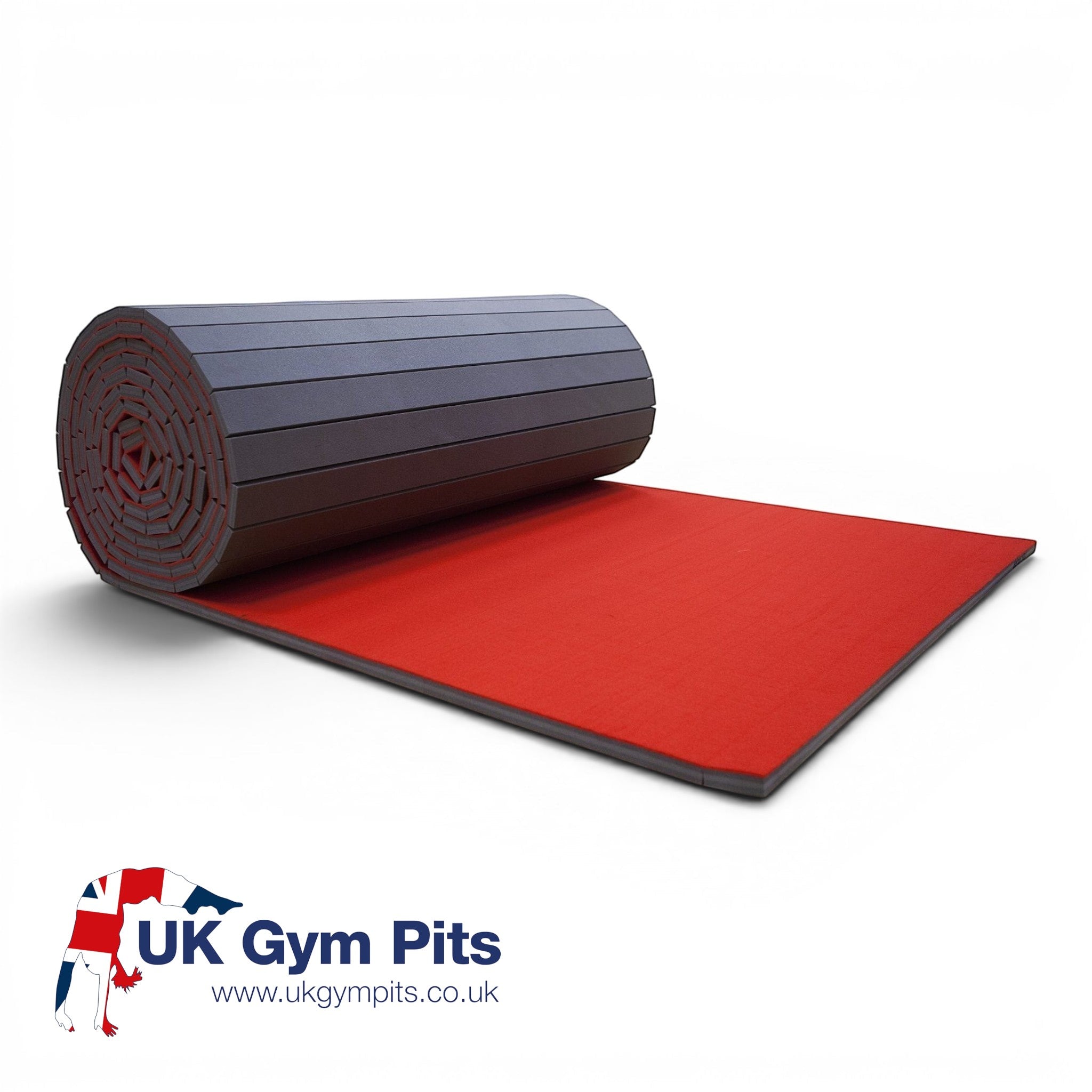 UK Gym Pits red carpeted flexi mat roll with shock-absorbing XPE foam for gymnastics and cheerleading