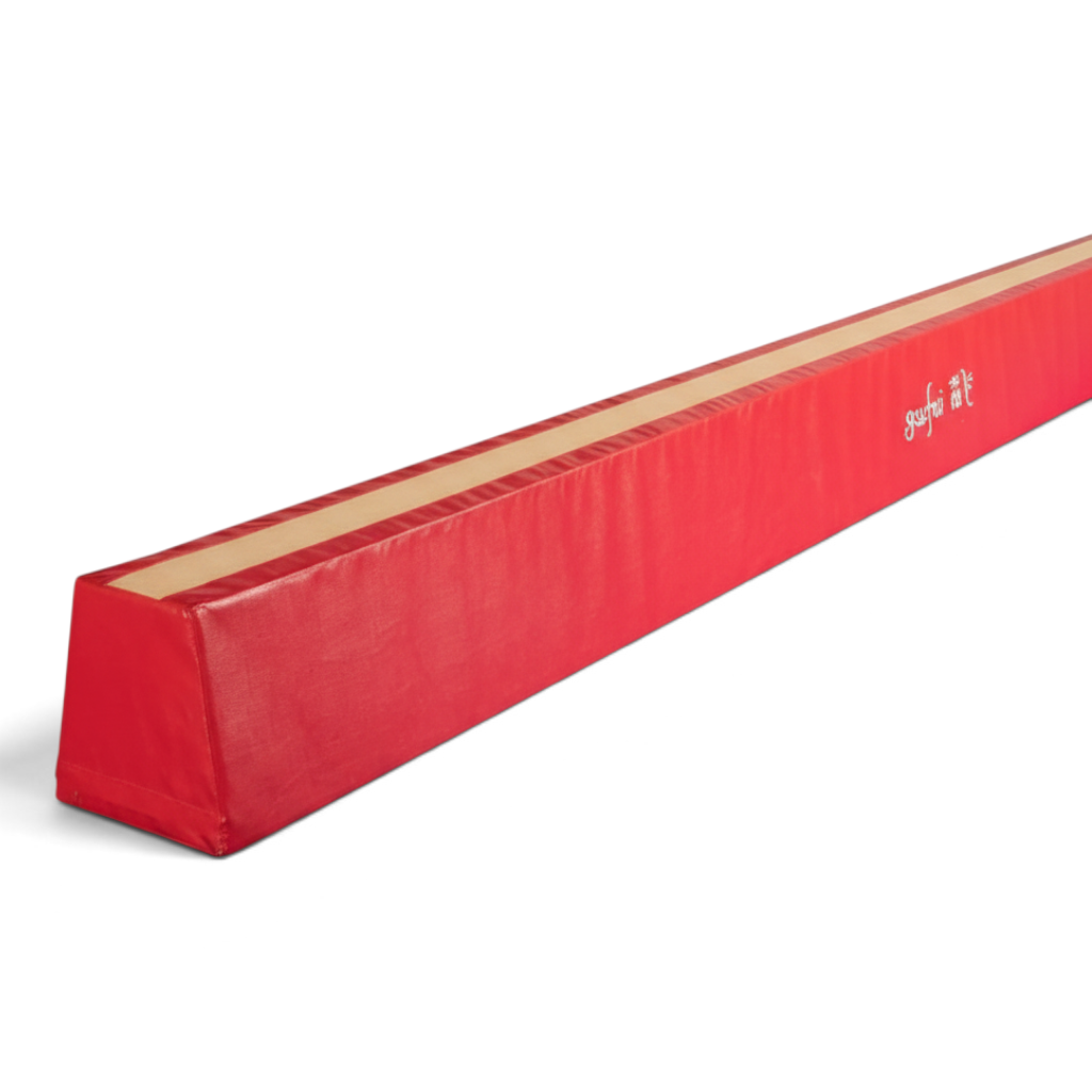 UK Gym Pits 4m red foam gymnastics training beam with non-slip surface and stable base for skill development