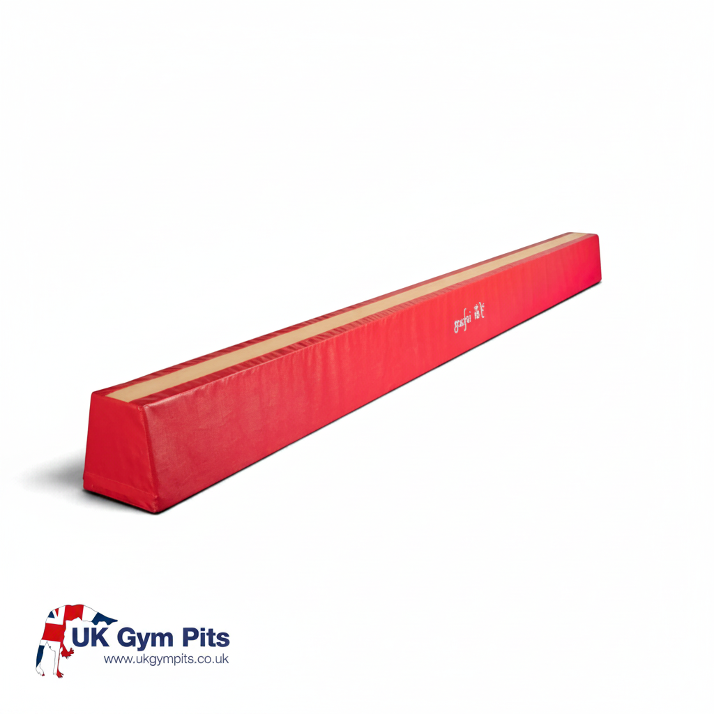 UK Gym Pits 4m red foam gymnastics training beam with a non-slip top surface for skill practice and confidence building