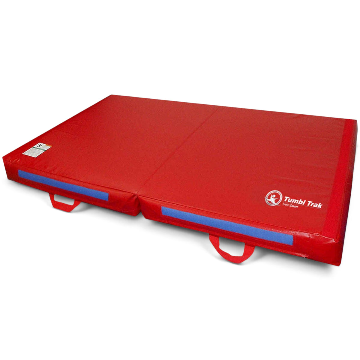 UK Gym Pits red folding practice crash mat with reinforced nylon handles and Velcro fasteners for gymnastics training