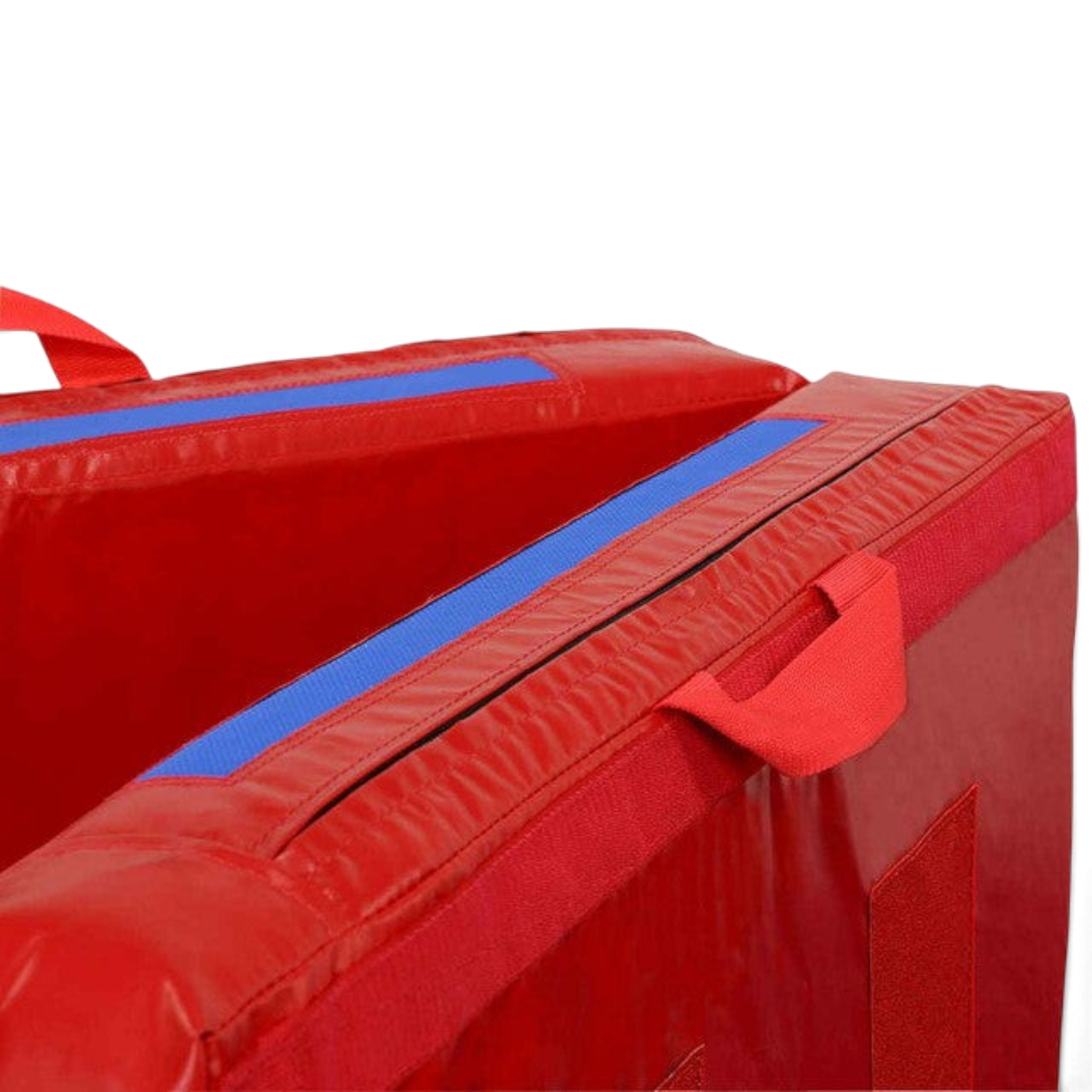 UK Gym Pits red foldable gymnastics practice mat with reinforced nylon handles and blue velcro fasteners