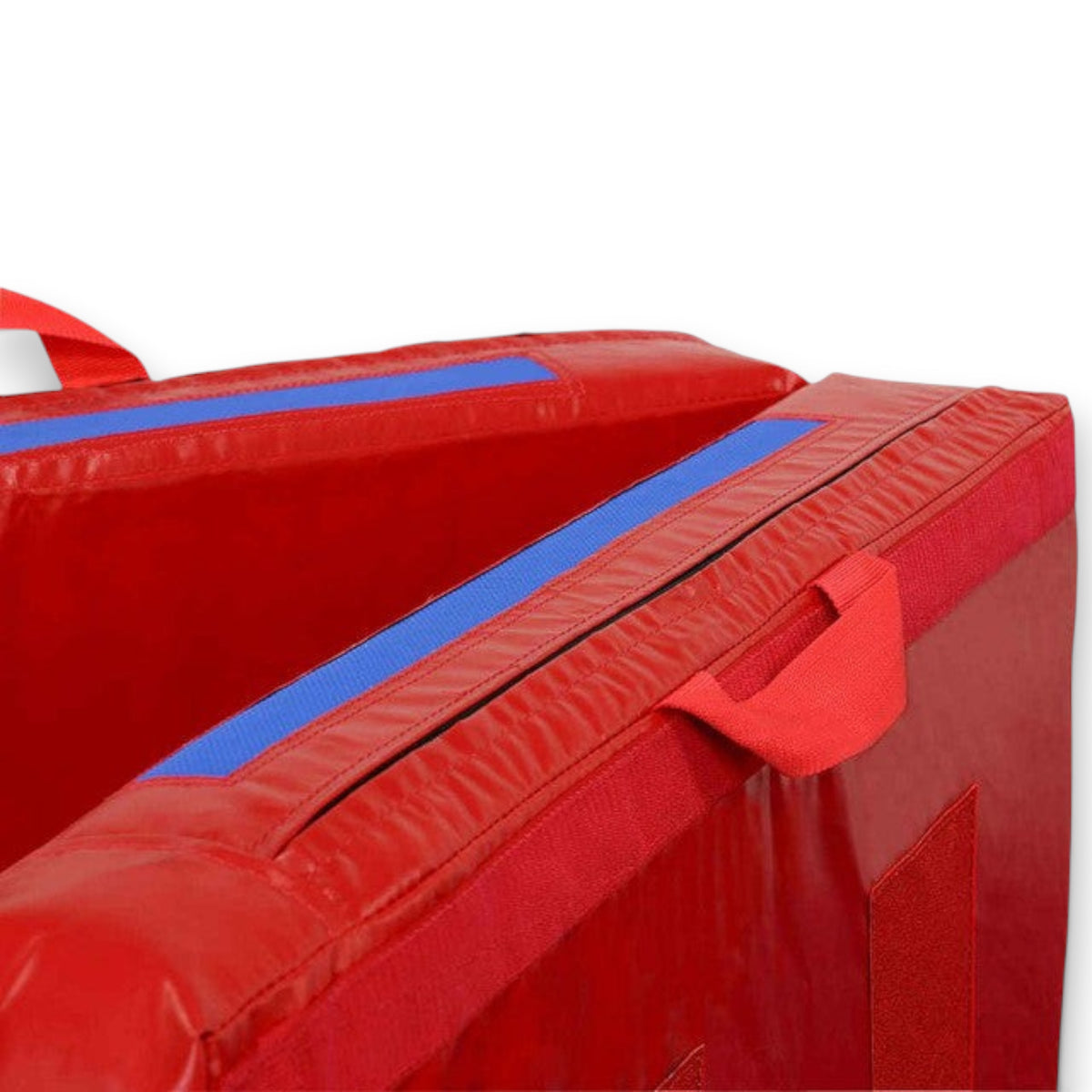 UK Gym Pits red foldable gymnastics practice mat with blue velcro strips and reinforced nylon carrying handles