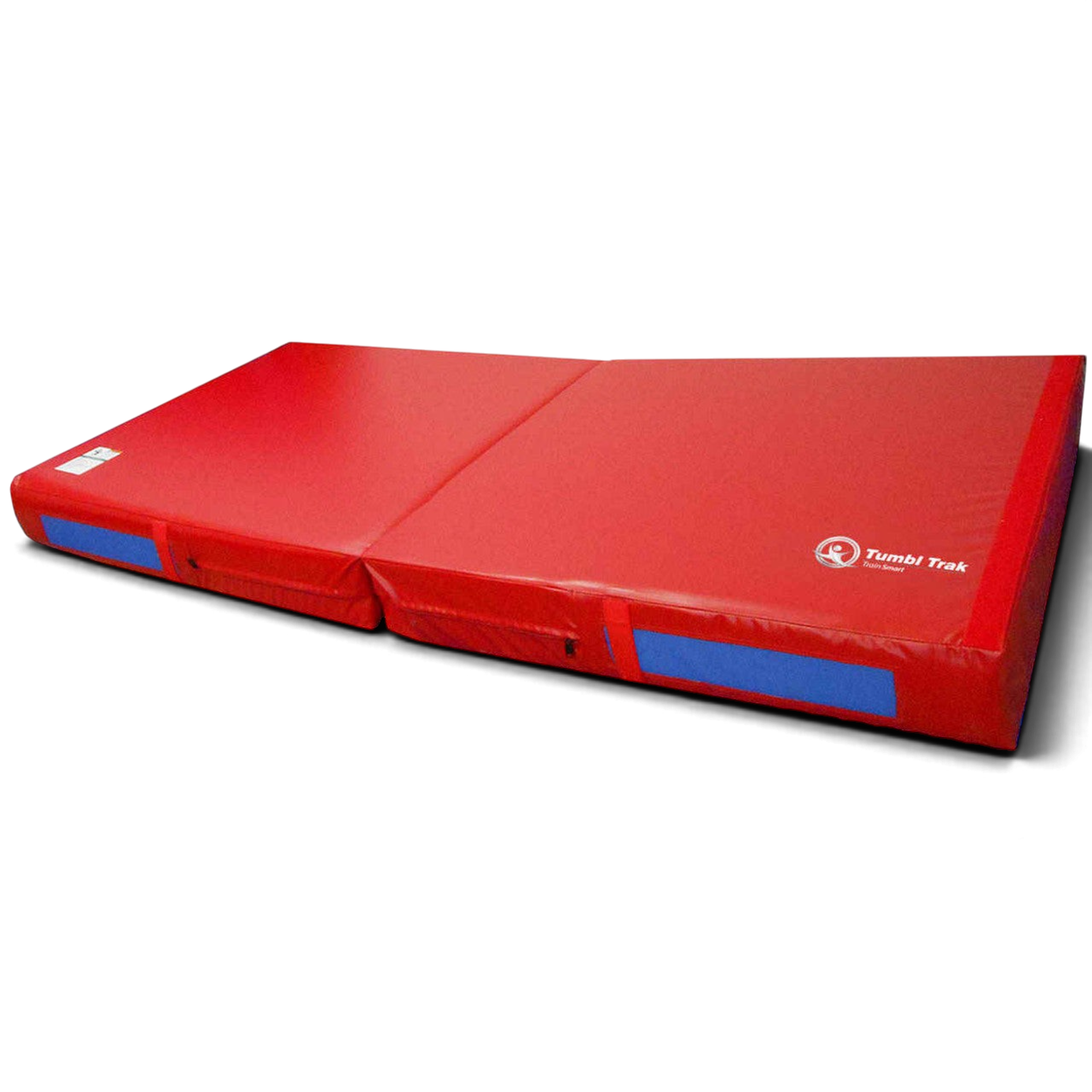 UK Gym Pits red foldable gymnastics practice mat with blue handles and smart mat technology for safe training