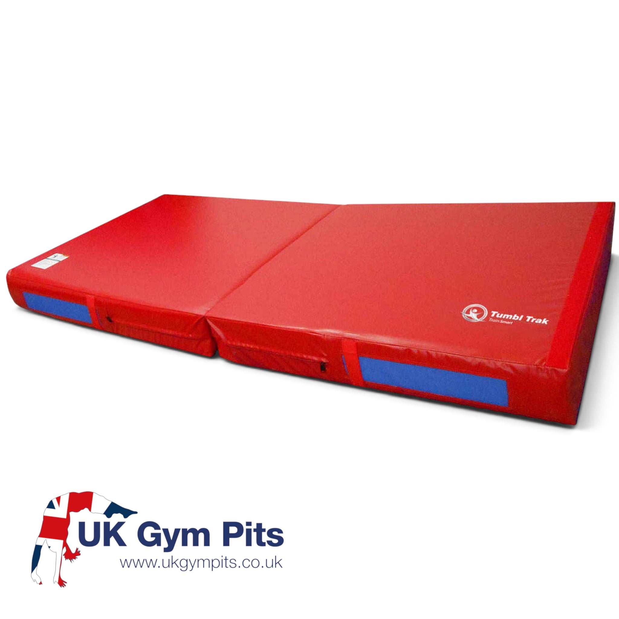 UK Gym Pits red folding practice mat with blue handles and Velcro fasteners for gymnastics training