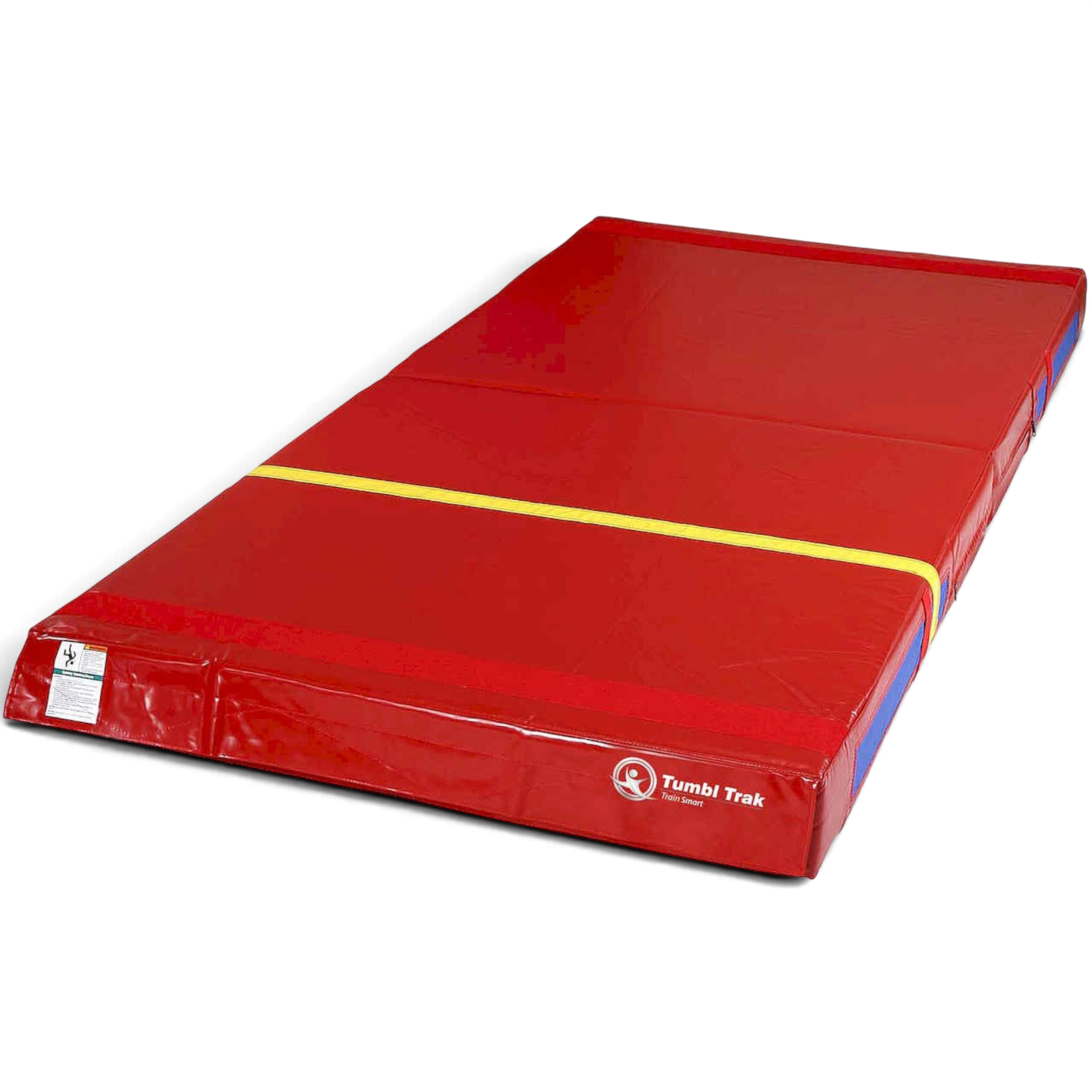 UK Gym Pits red folding practice mat with yellow accent stripe and reinforced handles for gymnastics training