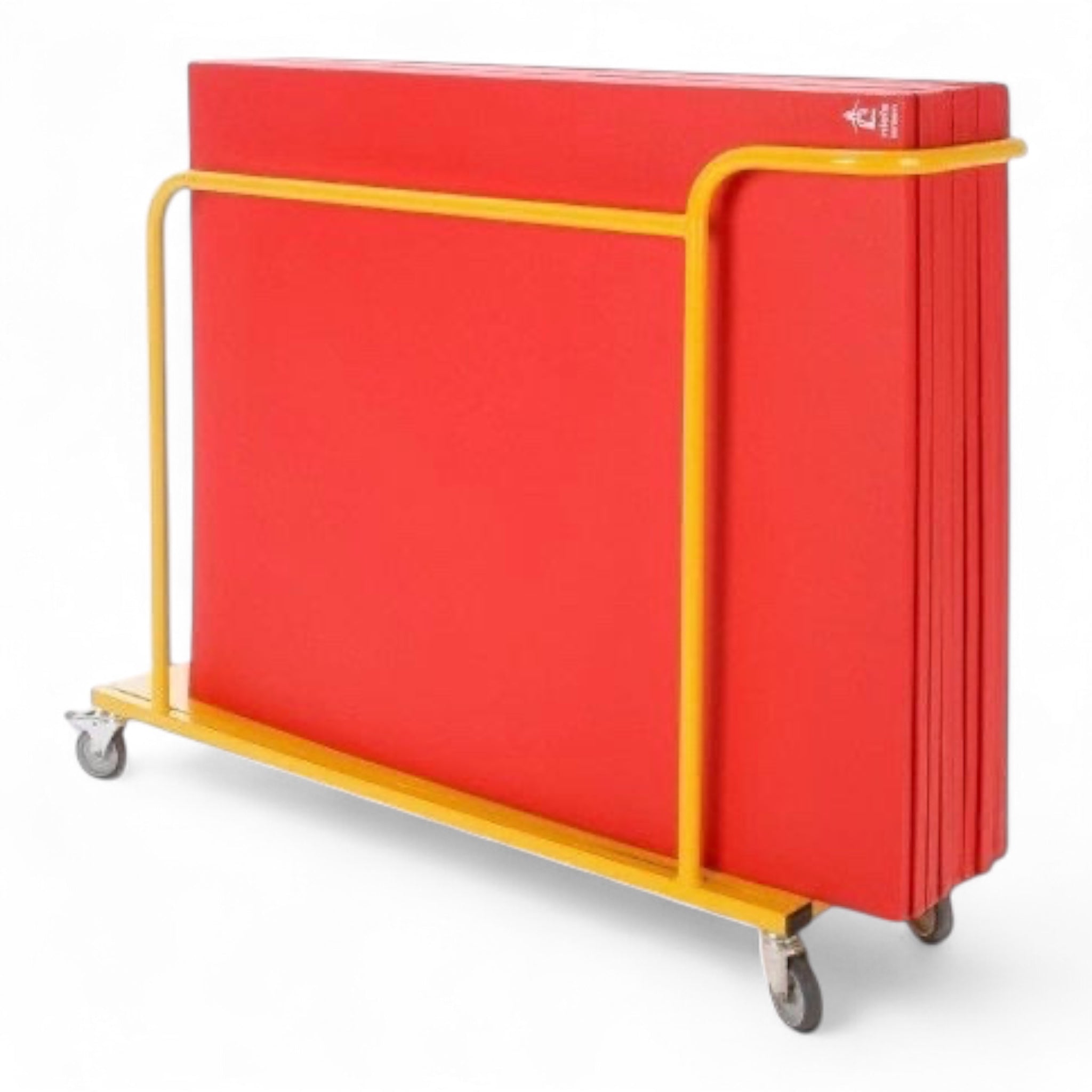 UK Gym Pits red sandwich gym mats stored vertically on a yellow metal trolley with wheels for easy transport
