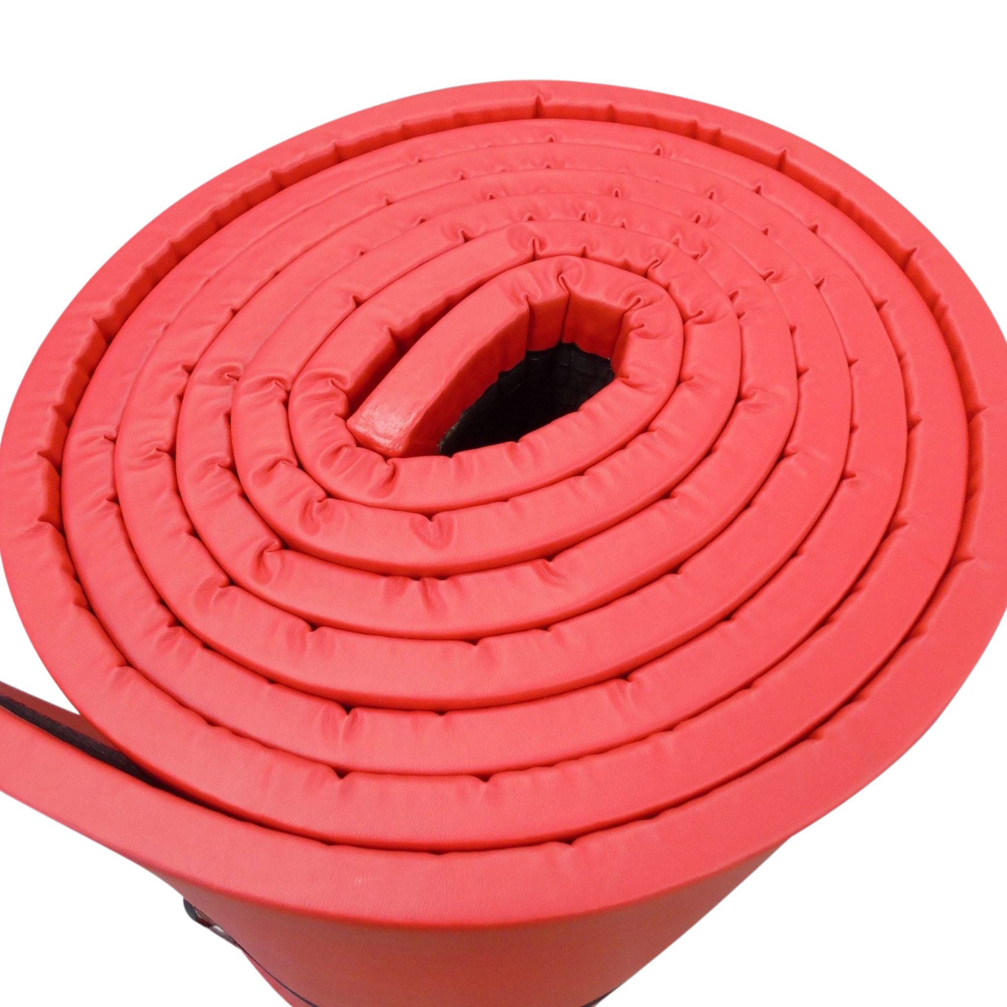 UK Gym Pits red lightweight gymnastics mat rolled up, featuring durable PVC fabric and a non-slip base.
