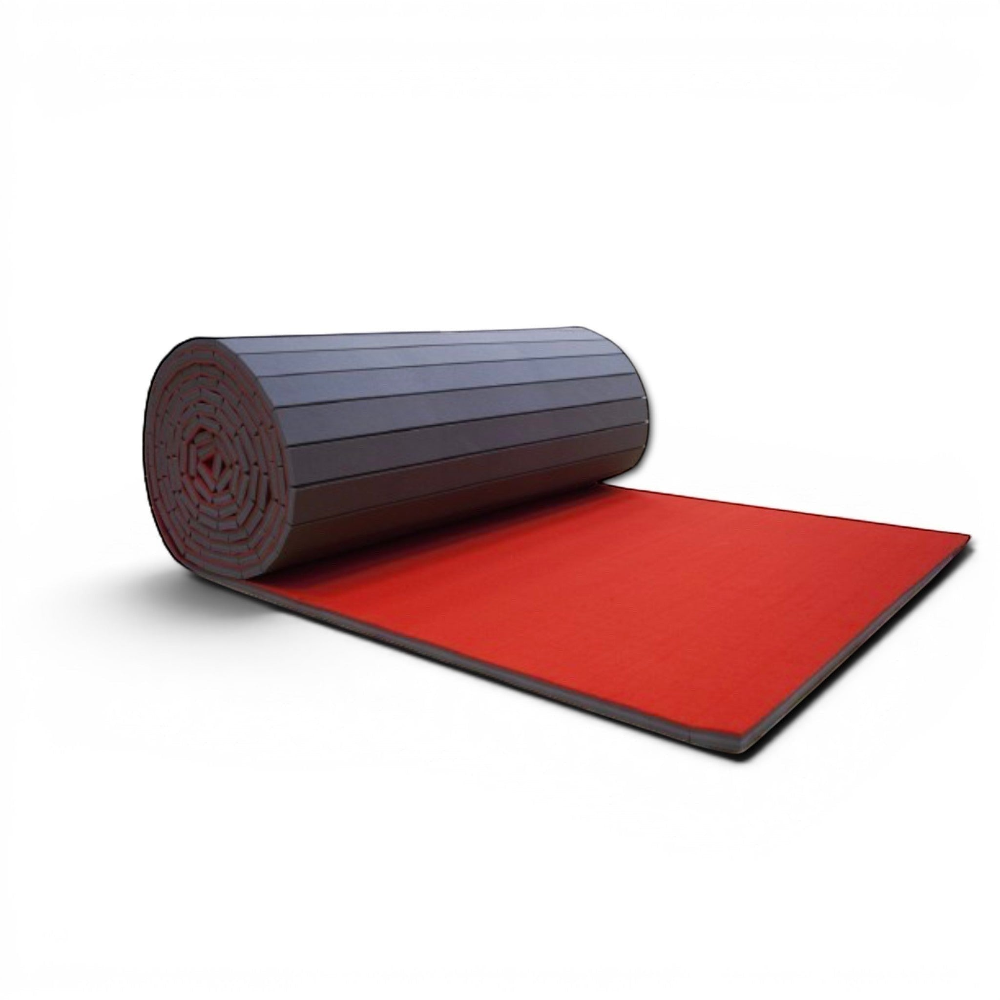 UK Gym Pits red carpet mat roll for gymnastics sprung floors, featuring durable foam backing for shock absorption.