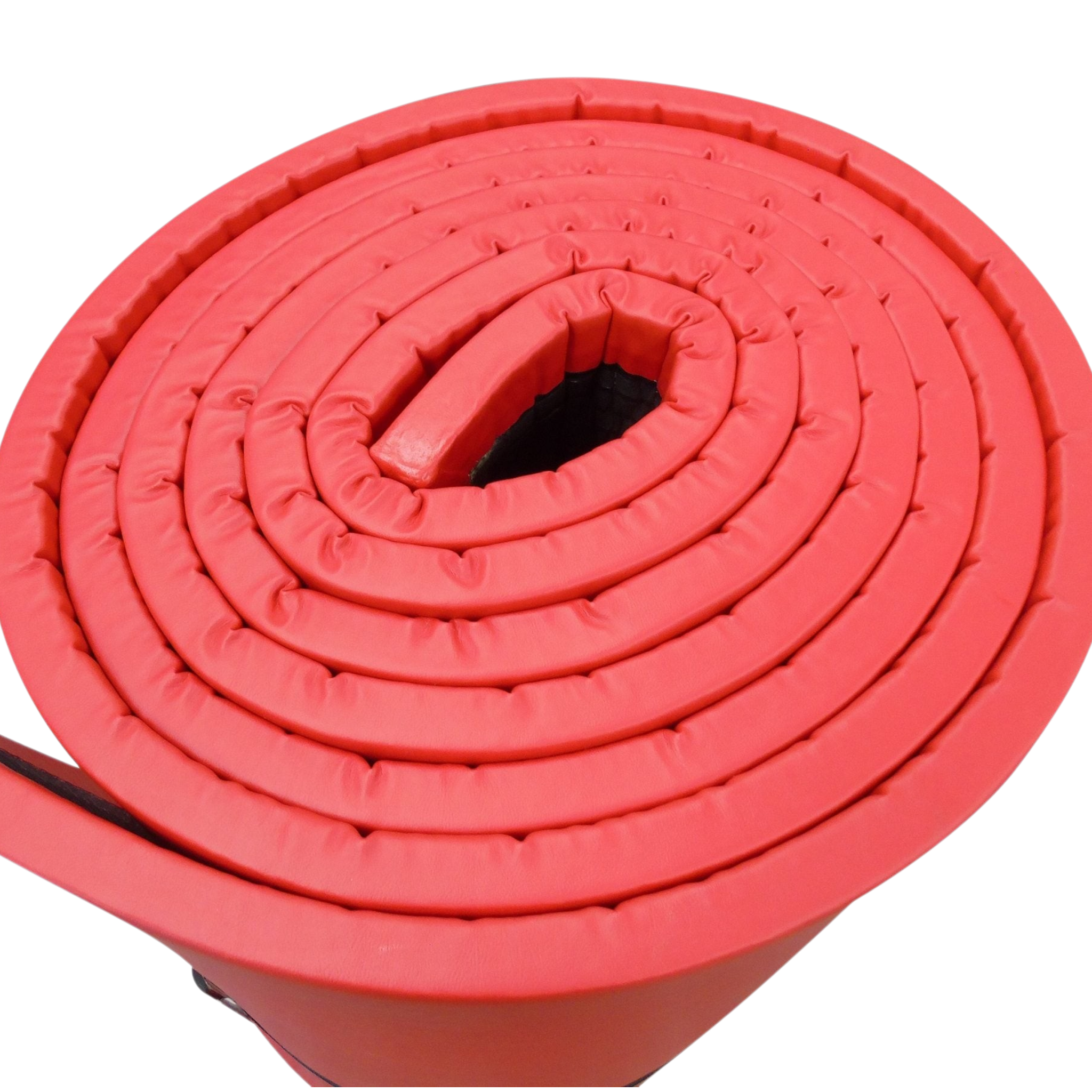 UK Gym Pits red medium-weight gymnastics mat rolled up, featuring durable PVC fabric and anti-slip base.