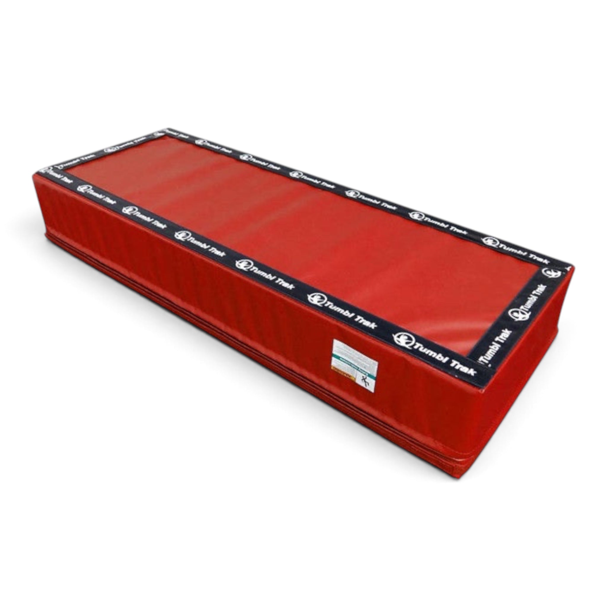 UK Gym Pits red gymnastics landing mat with black border featuring Tumbl Trak branding for studio use