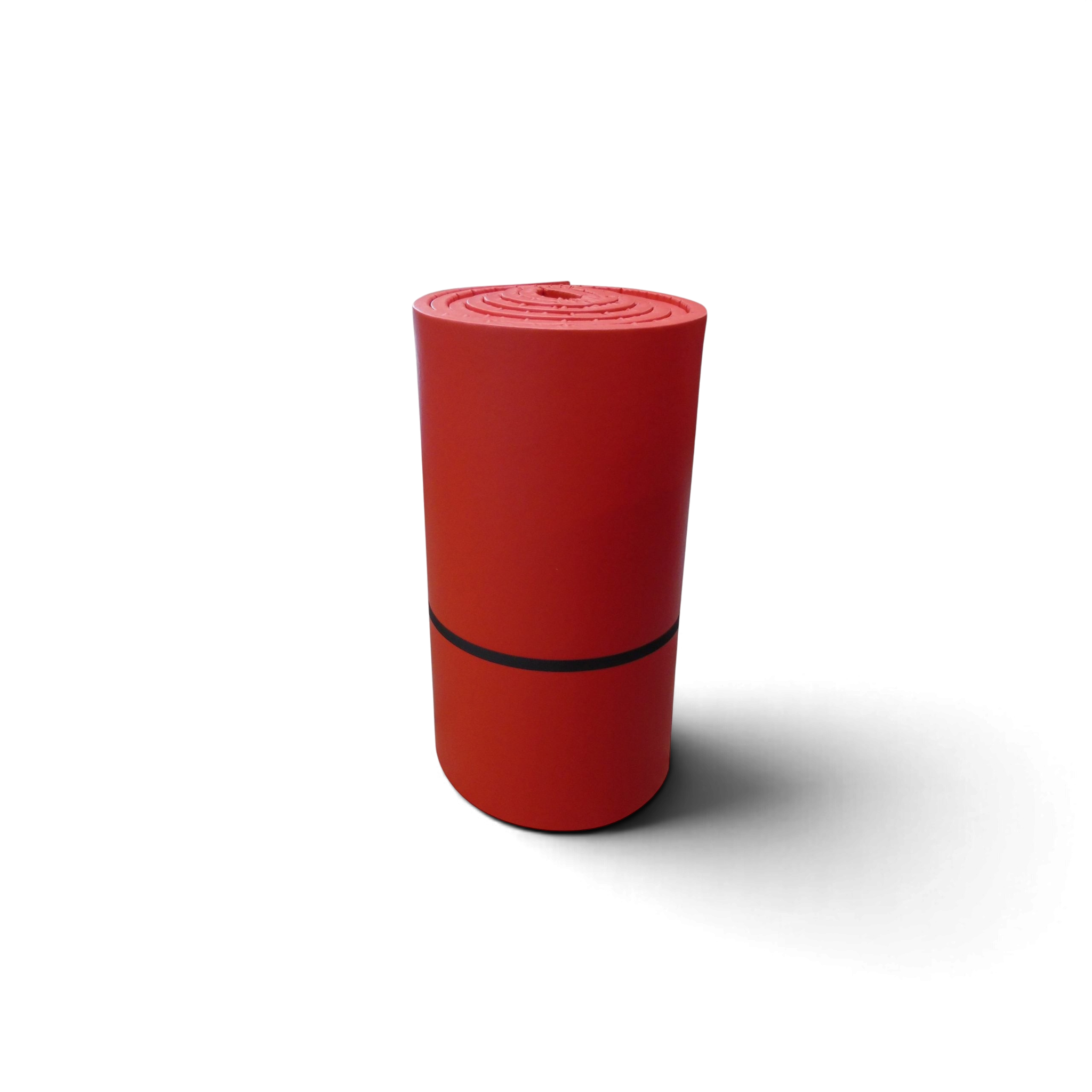 UK Gym Pits red medium-weight gymnastics mat rolled up for storage with a durable PVC finish.