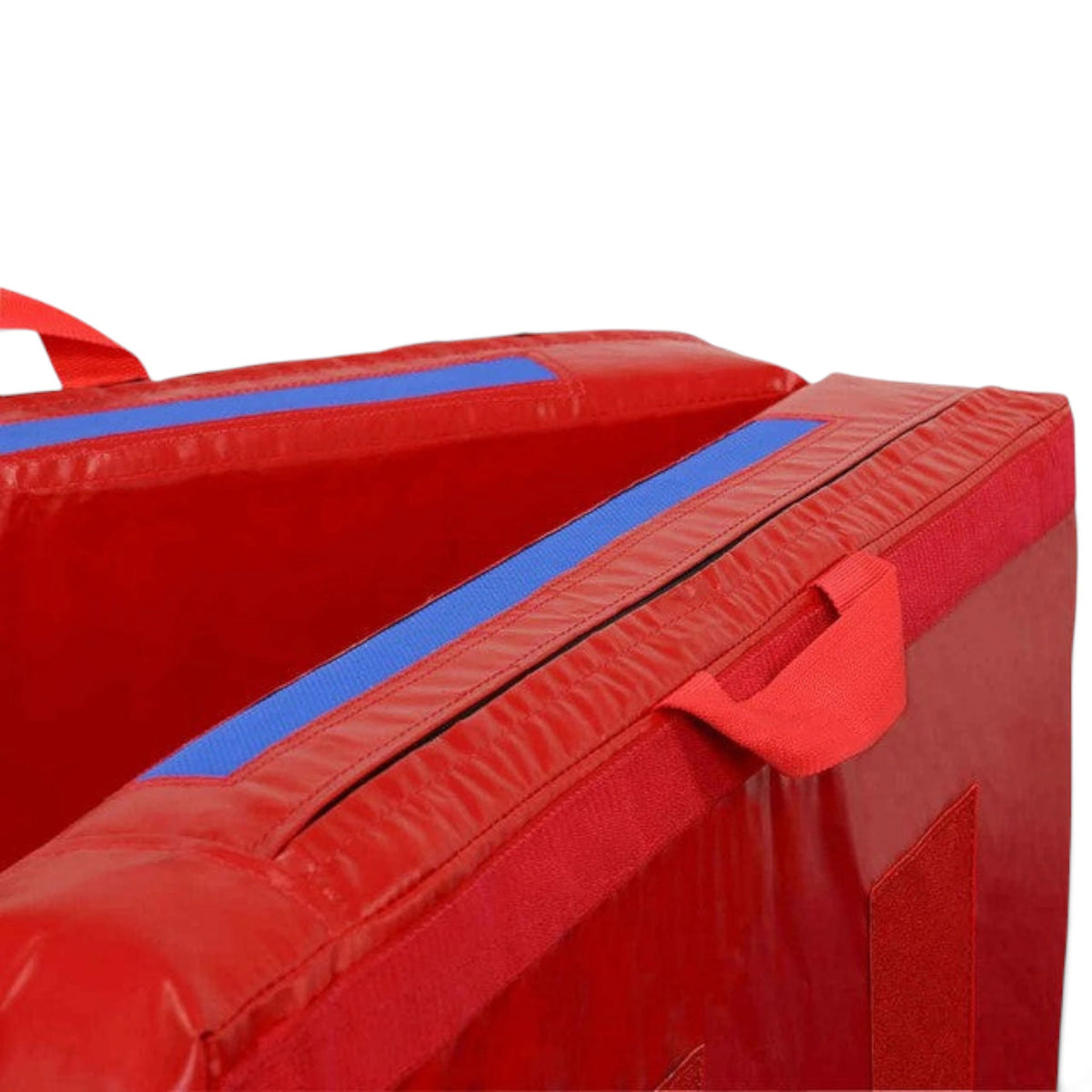 UK Gym Pits red practice mat with blue velcro strips and reinforced nylon handles for gymnastics training