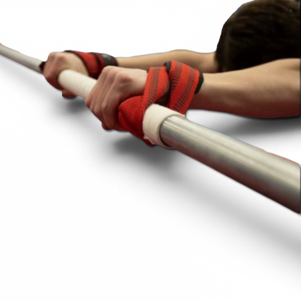 UK Gym Pits red swing straps secured around a gymnastics bar for athlete safety and comfort during training