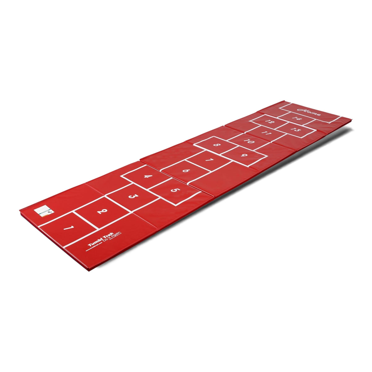 UK Gym Pits red vinyl hopscotch tumbling mat for preschool gymnastics with numbered squares and white markings