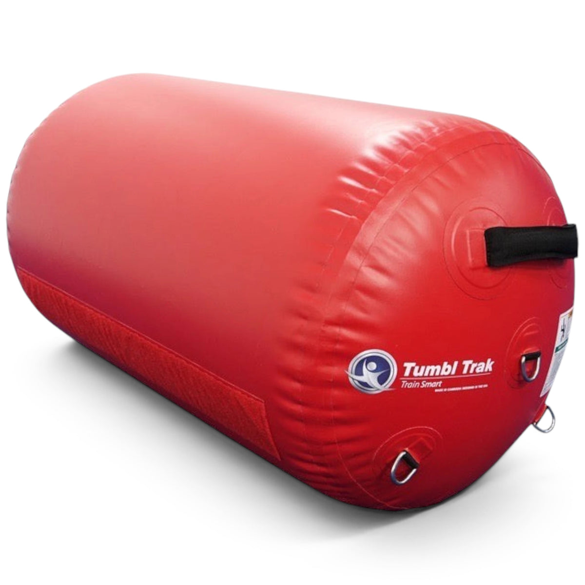 UK Gym Pits red inflatable air barrel for gymnastics training with sturdy end handles and metal d-ring attachments