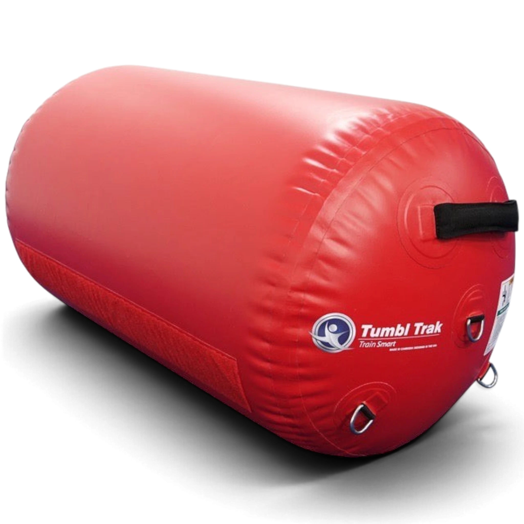 UK Gym Pits red inflatable air barrel for gymnastics training with side handles and D-rings on a black background