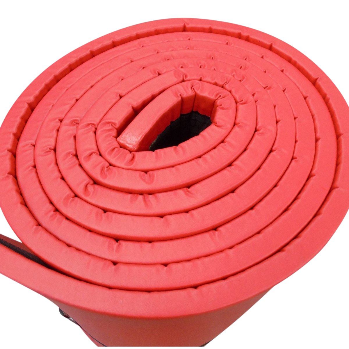 UK Gym Pits red lightweight linking gymnastics mat rolled up for storage, featuring durable PVC and foam construction.