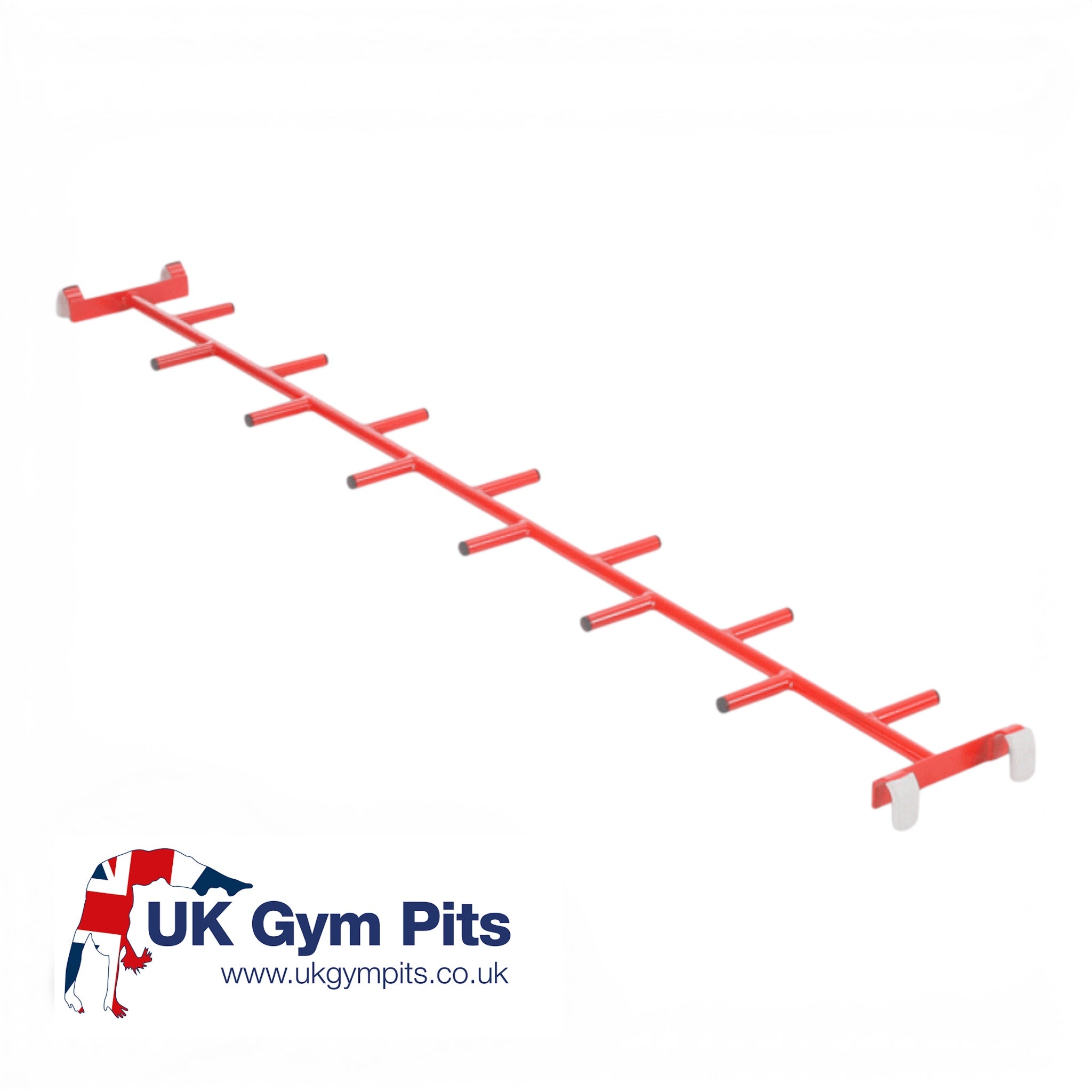 UK Gym Pits red powder-coated metal agility linking cat ladder with safety hooks for gym equipment attachment.