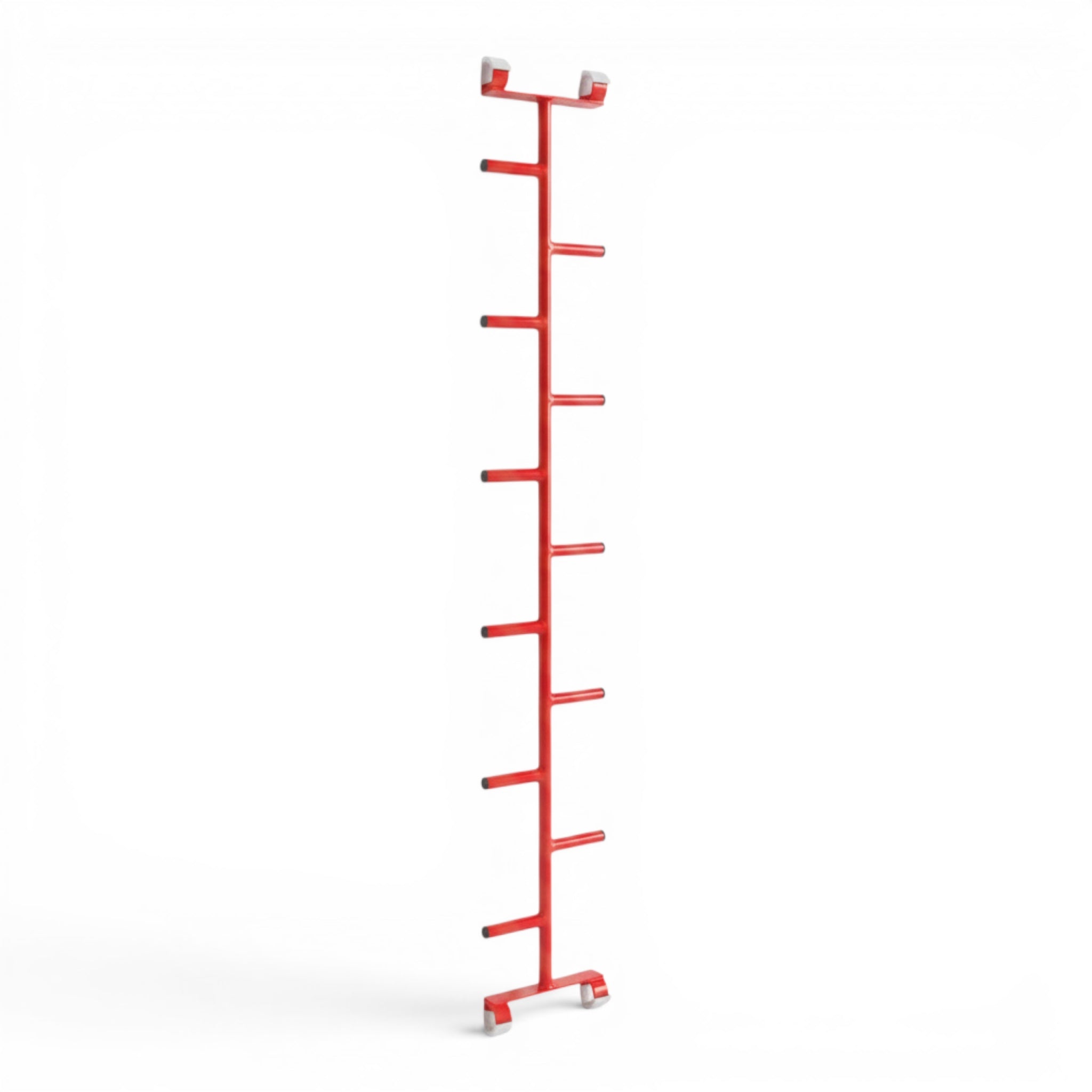 UK Gym Pits red powder-coated metal agility cat ladder with safety hooks for climbing and traversing equipment.