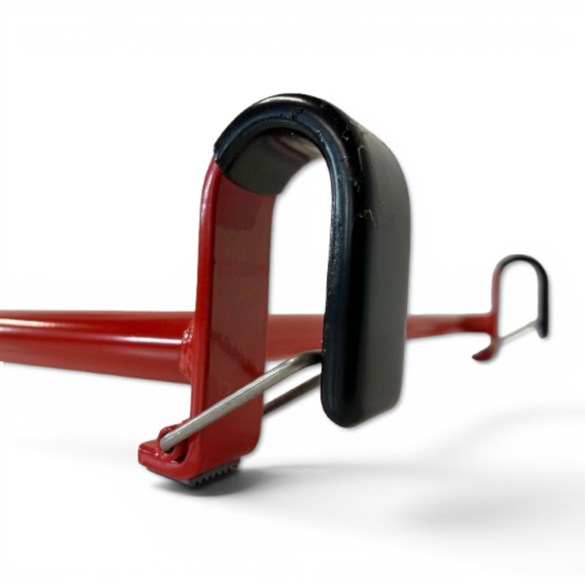 UK Gym Pits red powder coated metal parallel bars with black safety hooks for linking gym equipment