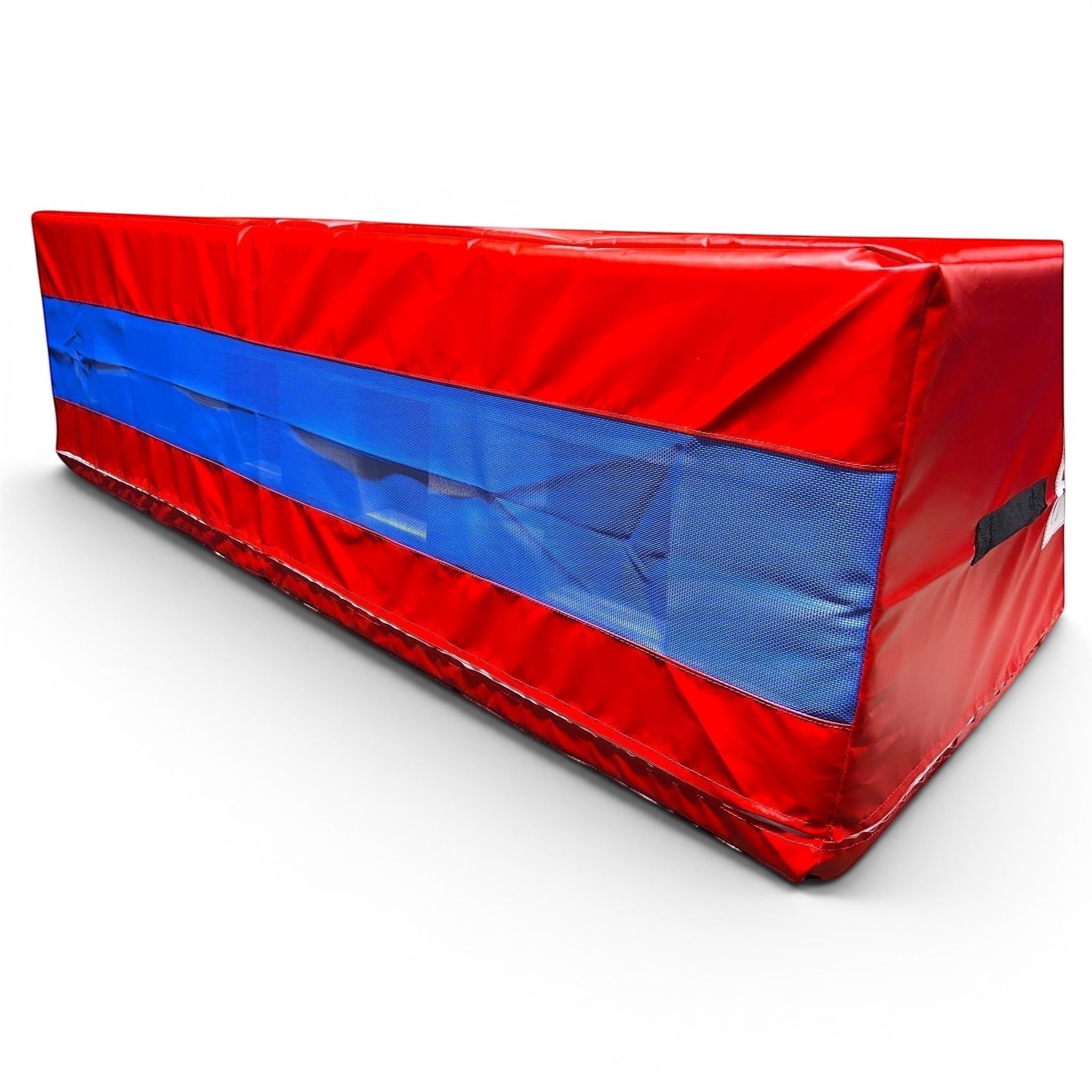 UK Gym Pits red resi foam landing pit with blue mesh side panel for gymnastics and parkour safety