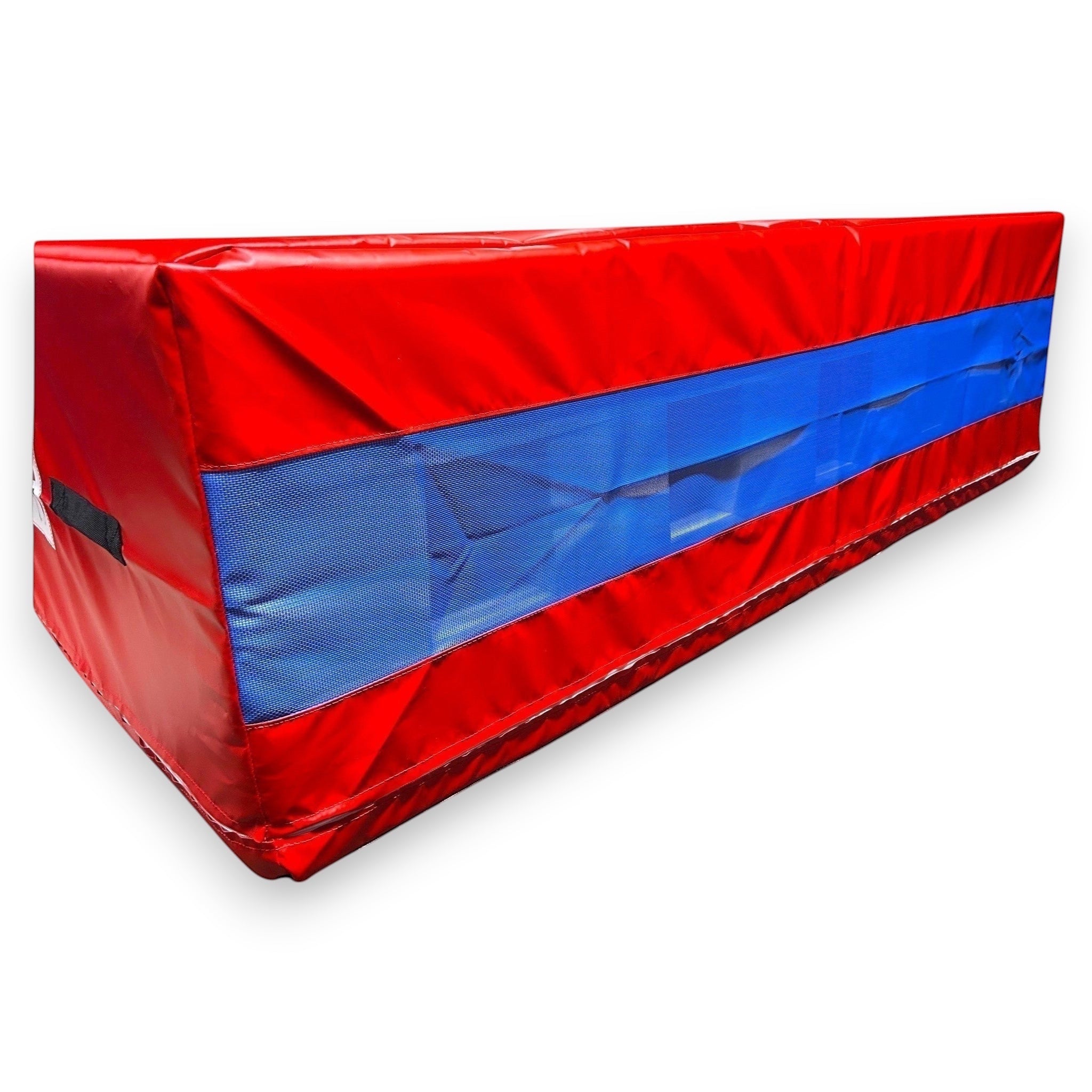 UK Gym Pits red resi foam landing pit with blue mesh side panel for gymnastics and parkour training