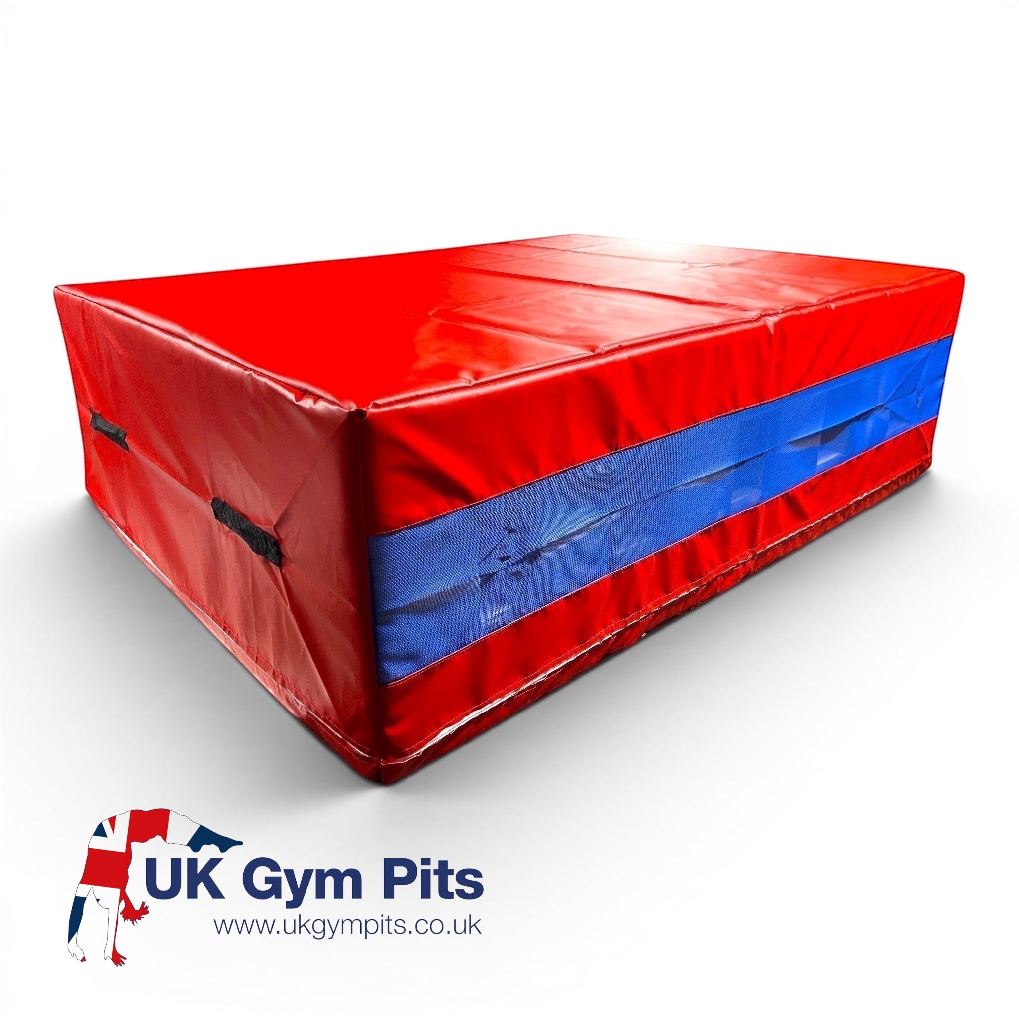 UK Gym Pits red resi foam landing pit with blue mesh side panel for gymnastics and parkour safety