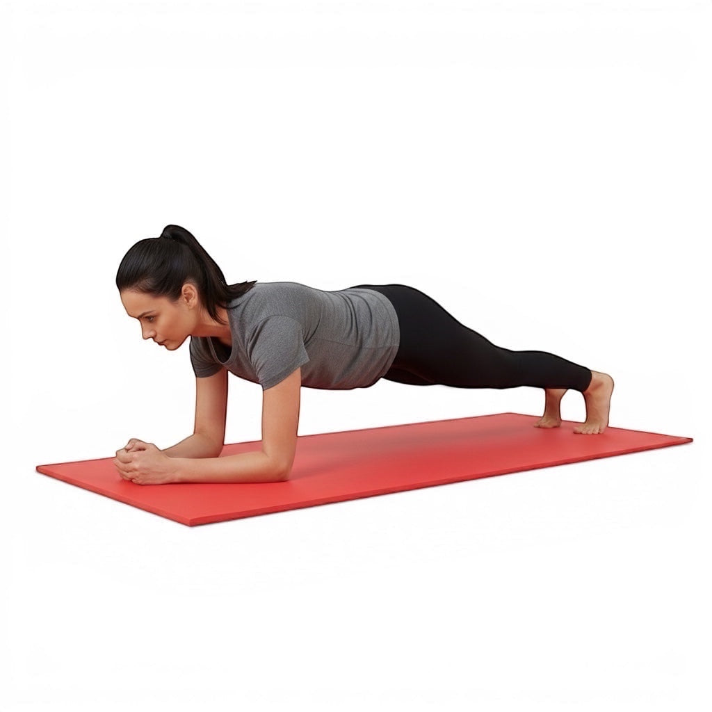 Woman performing a plank on a red UK Gym Pits sandwich gym mat with anti-slip base and durable PVC fabric.