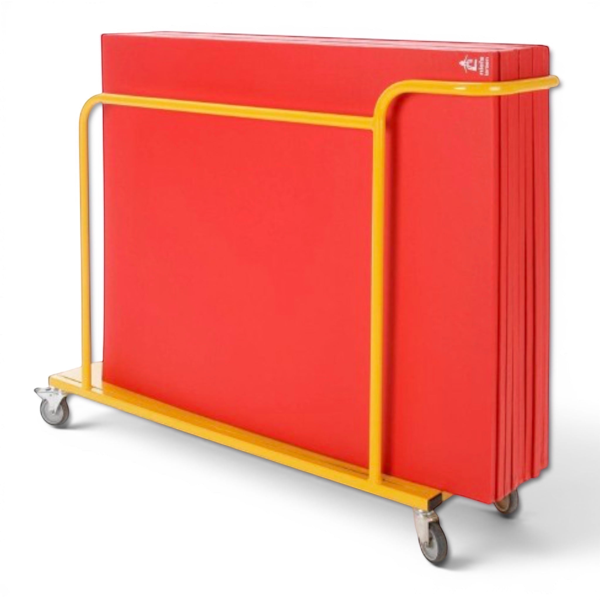 UK Gym Pits set of red sandwich gym mats stored upright on a yellow heavy-duty transport trolley with castor wheels.