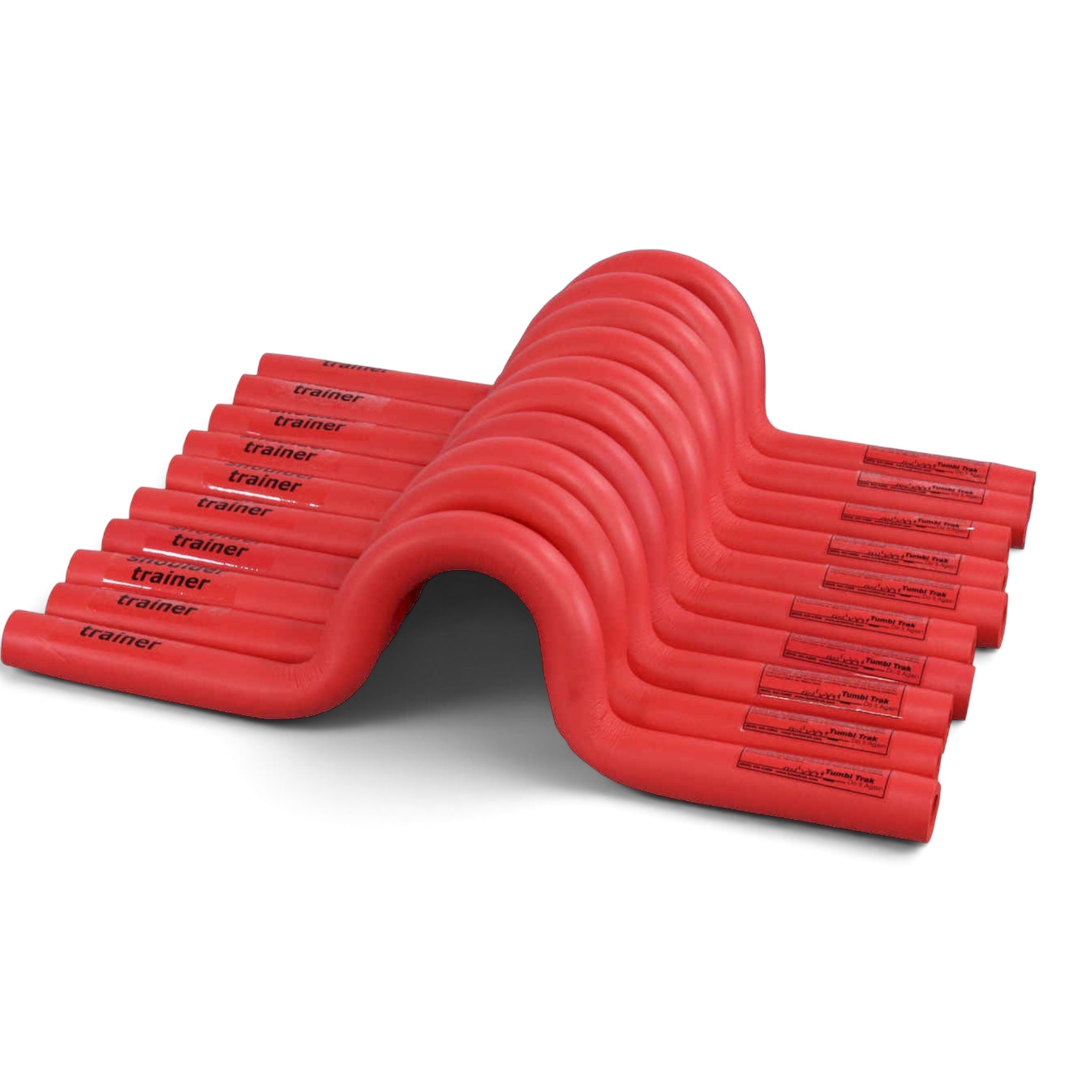 UK Gym Pits red padded open shoulder trainers for gymnastics training, arranged in a stack on a white background.
