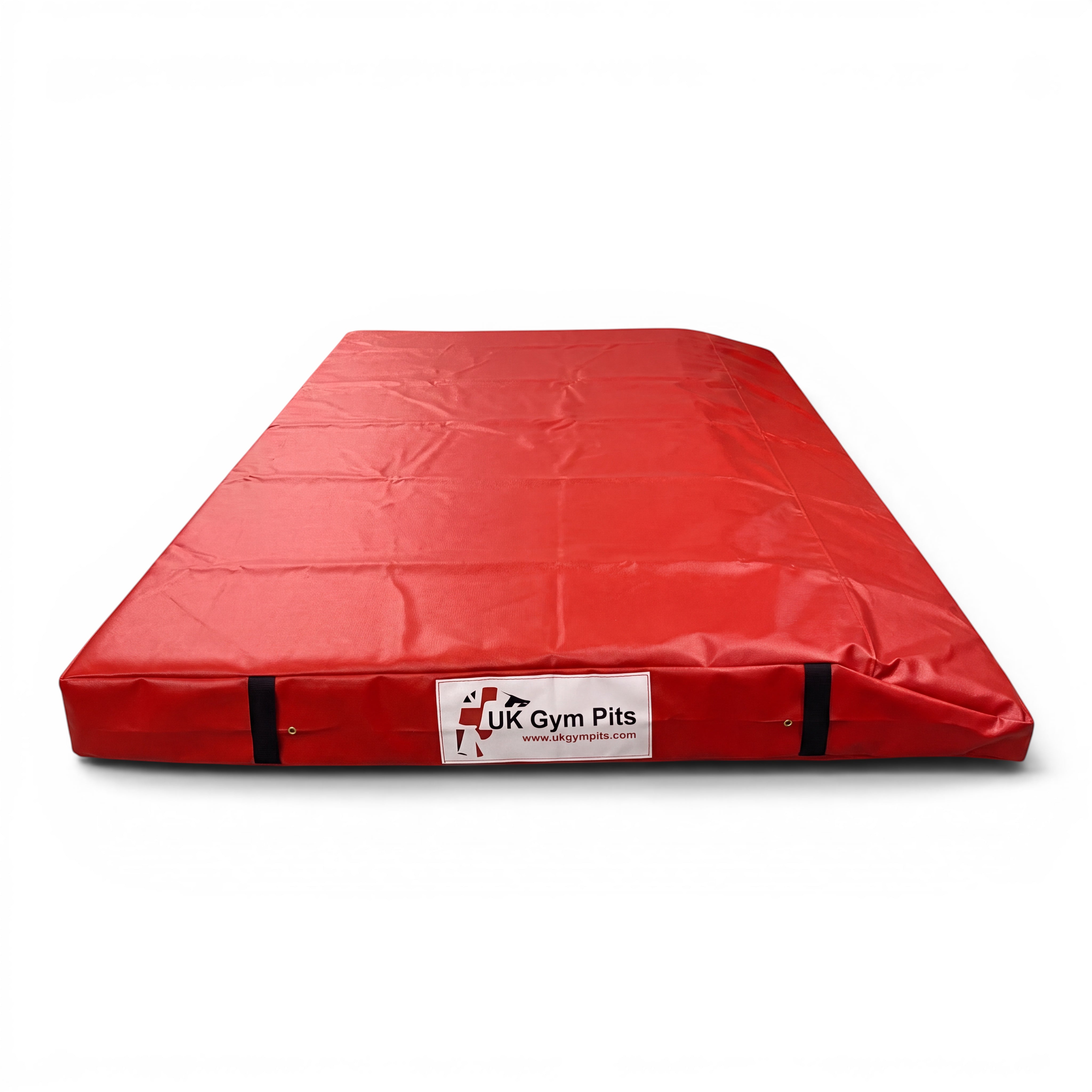 UK Gym Pits red single wedge trampoline spotting end deck mat with reinforced PVC cover and secure webbing straps