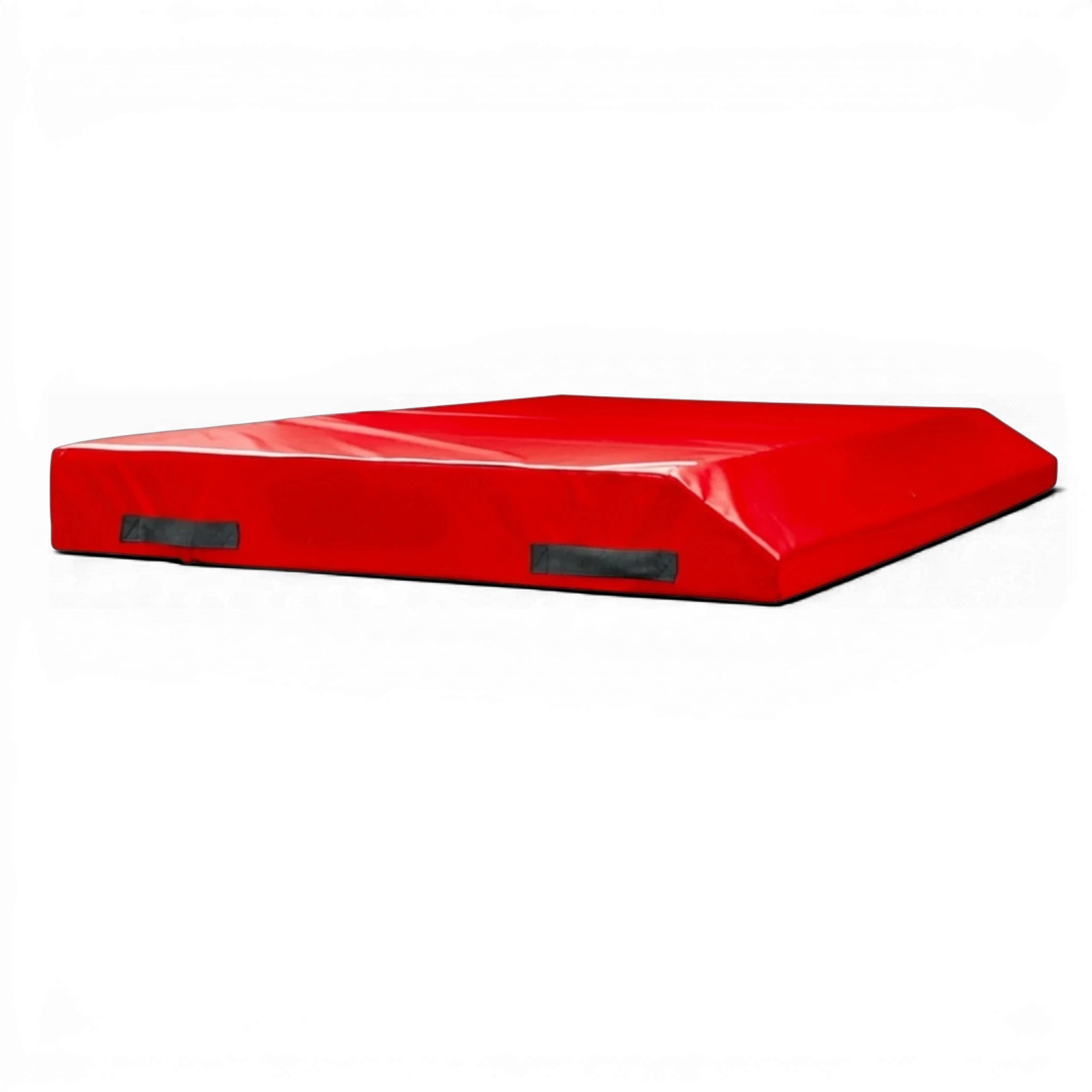 UK Gym Pits red single wedge trampoline spotting end deck mat with handles and reinforced PVC cover.